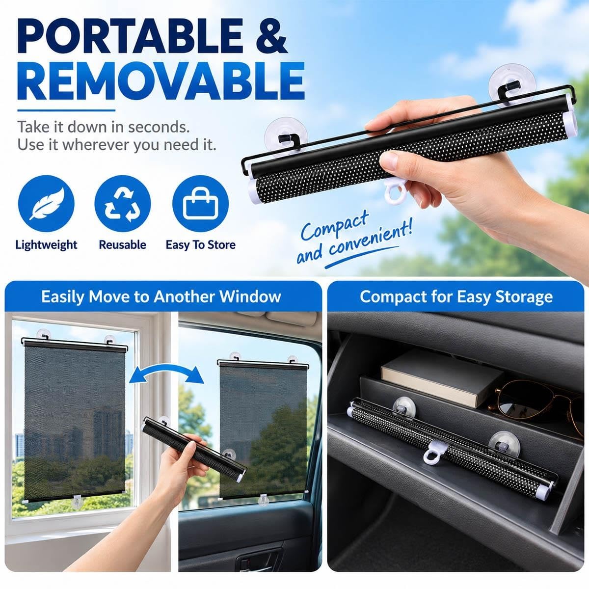 Store Enrouleur Rétractable à Ventouses, Réduction Lumière 80%, sans Perçage sans Cordon, Maison Bureau Chambre Enfant Caravane Voiture Porte Vitrée Camping-Car(W 75 x 120 cm)
