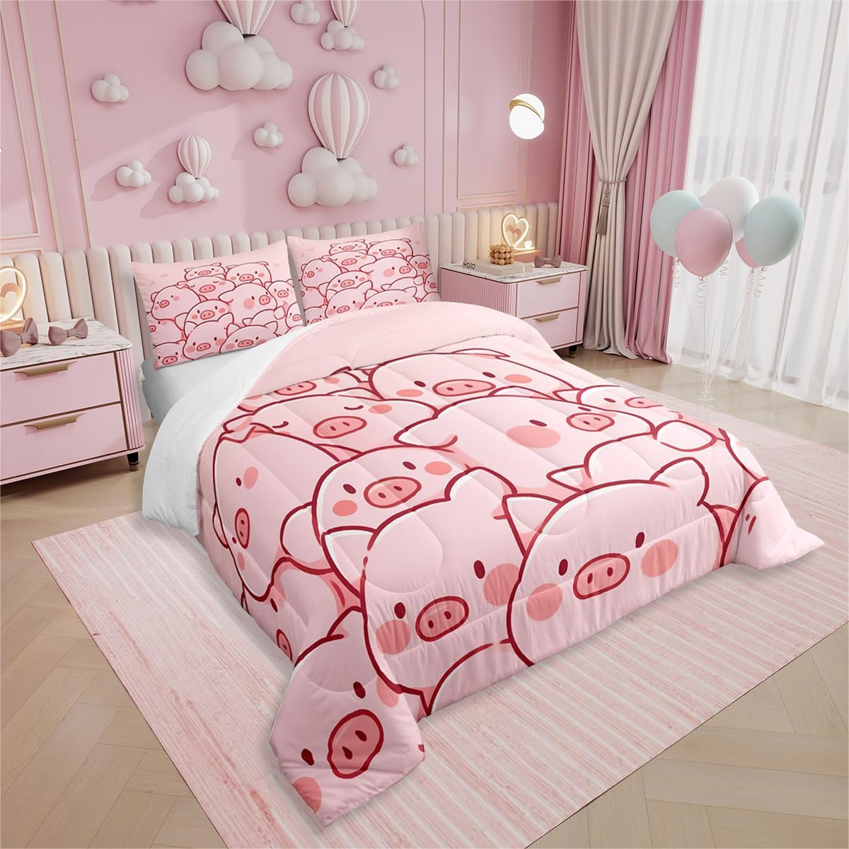 Erosebridal Kids Pig Bedding Sets Queen Lovely Cartoon Piggy Comforter Set,Girls Pink Duvet Insert Kawaii Farm Animal Quilt Comforter Girly Room Decorative,Microfiber 3 Piece for All Season