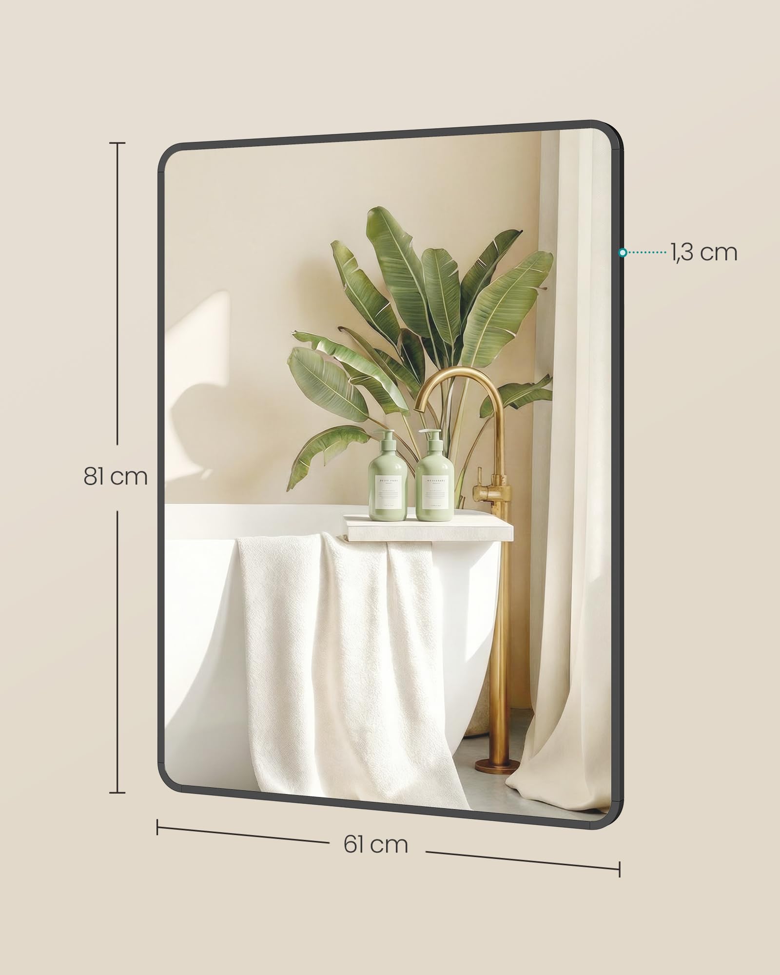 SONGMICS Specchio Bagno, Specchio da Parete, Rettangolare, Cornice in Alluminio, 81 x 61 cm, Pellicola di Sicurezza, 2 Opzioni di Sospensione, Soggiorno Camera da Letto, Nero Inchiostro LWM014BD01