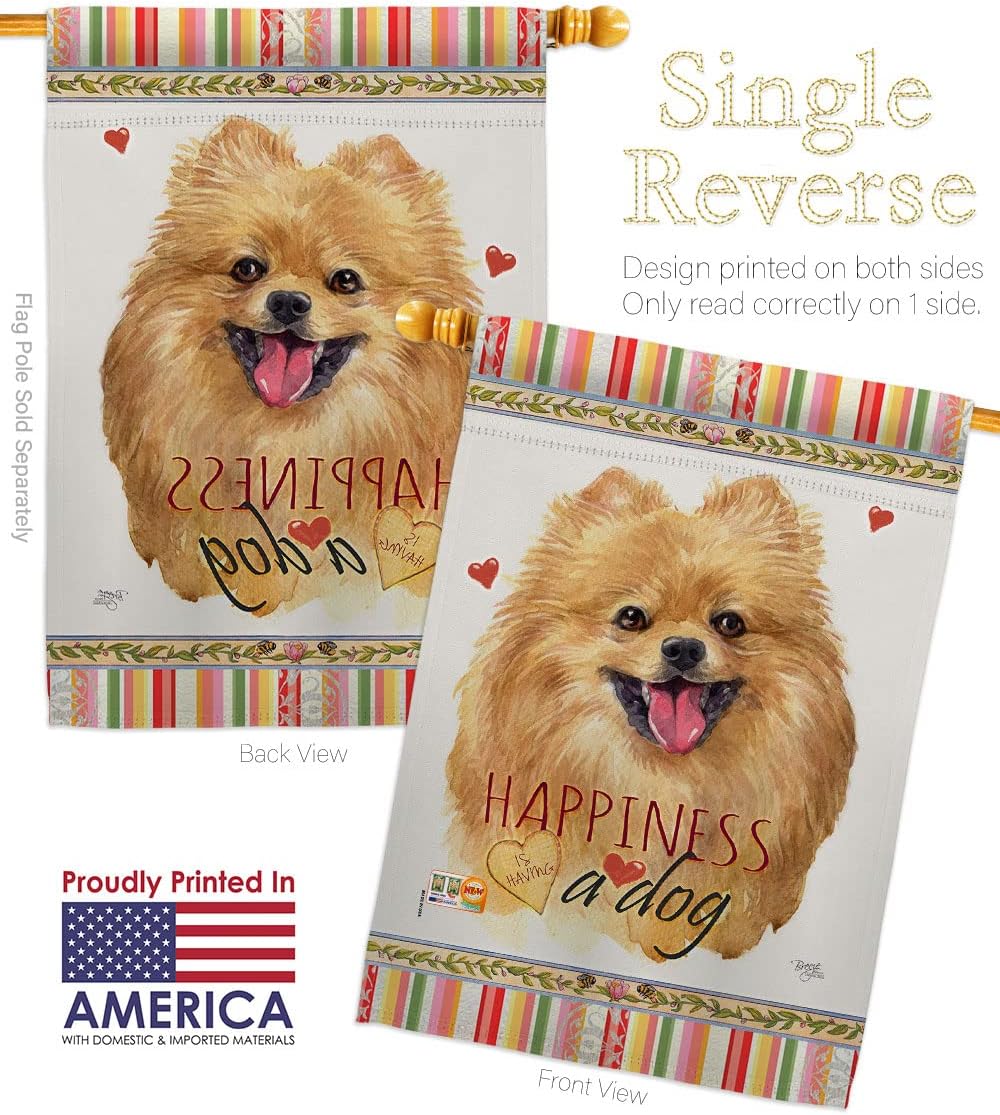 Pomeranian Happiness House Flag Animals Dog Puppy Spoiled Paw Canine Fur Pet Nature Farm Animal Creature Small Decorative Gift Yard Banner Made In USA 28 X 40