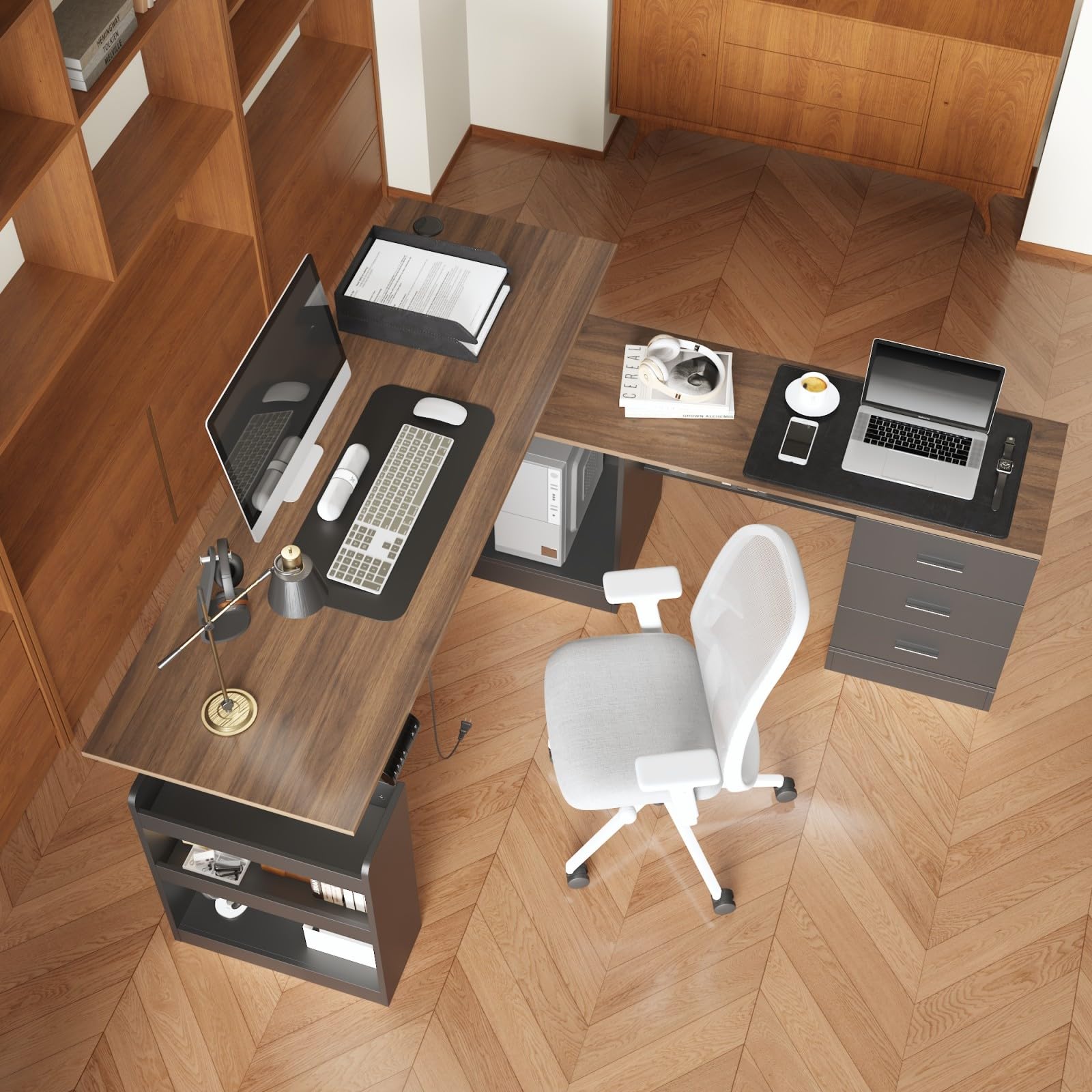 MOUMON Electric Standing Desk with Drawers and Shelves, Executive Adjustable Height Desk, L-Shaped Design, 63 inch Tabletop, for Office Deep Brown and Black (63”W x 63”D x 28.9-45.3”H)