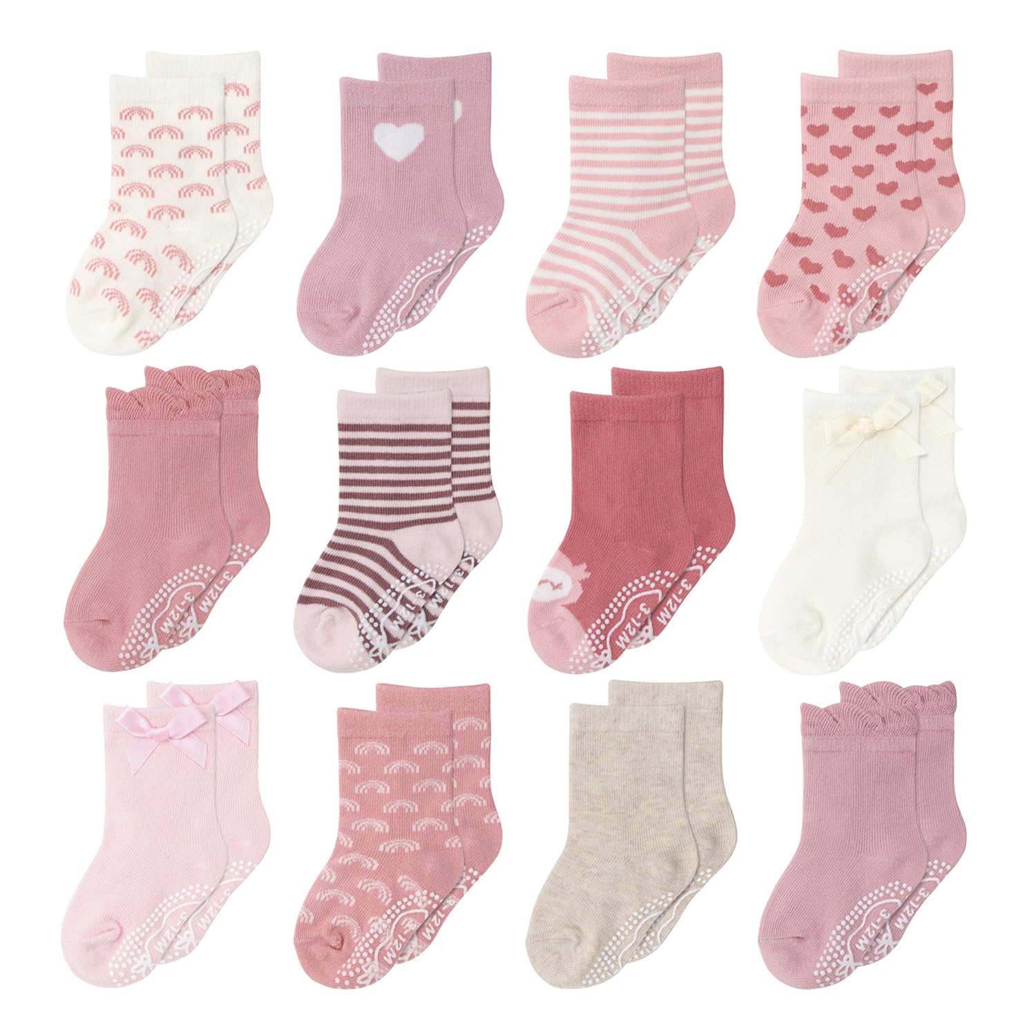 The Peanutshell Organic Baby Girl Socks 0-24 Months Set of 12 - Non-Slip Grip, Soft Cotton Newborn & Toddler Socks - Blush