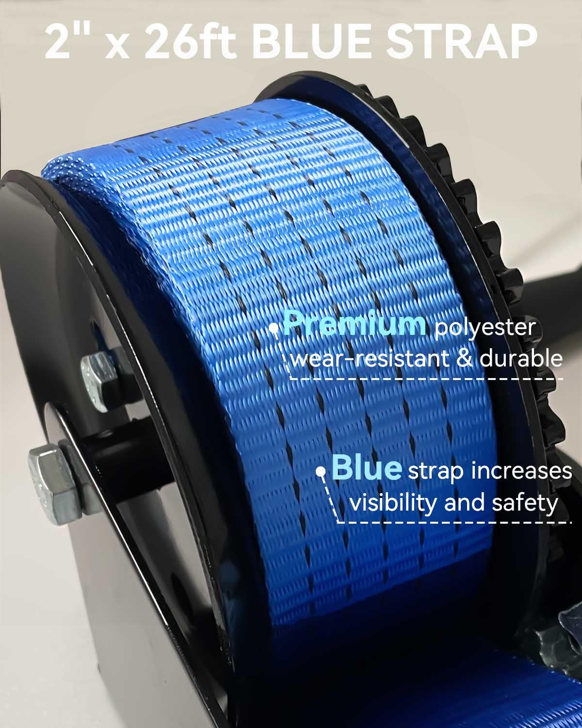 AKRIXKIP Argano manuale per rimorchio per barca, 725,7 kg, con cinghia blu da 7,9 m, verricello portatile 4:1 con gancio, argano manuale a cricchetto a 2 vie, per moto d'acqua, puleggia di traino,
