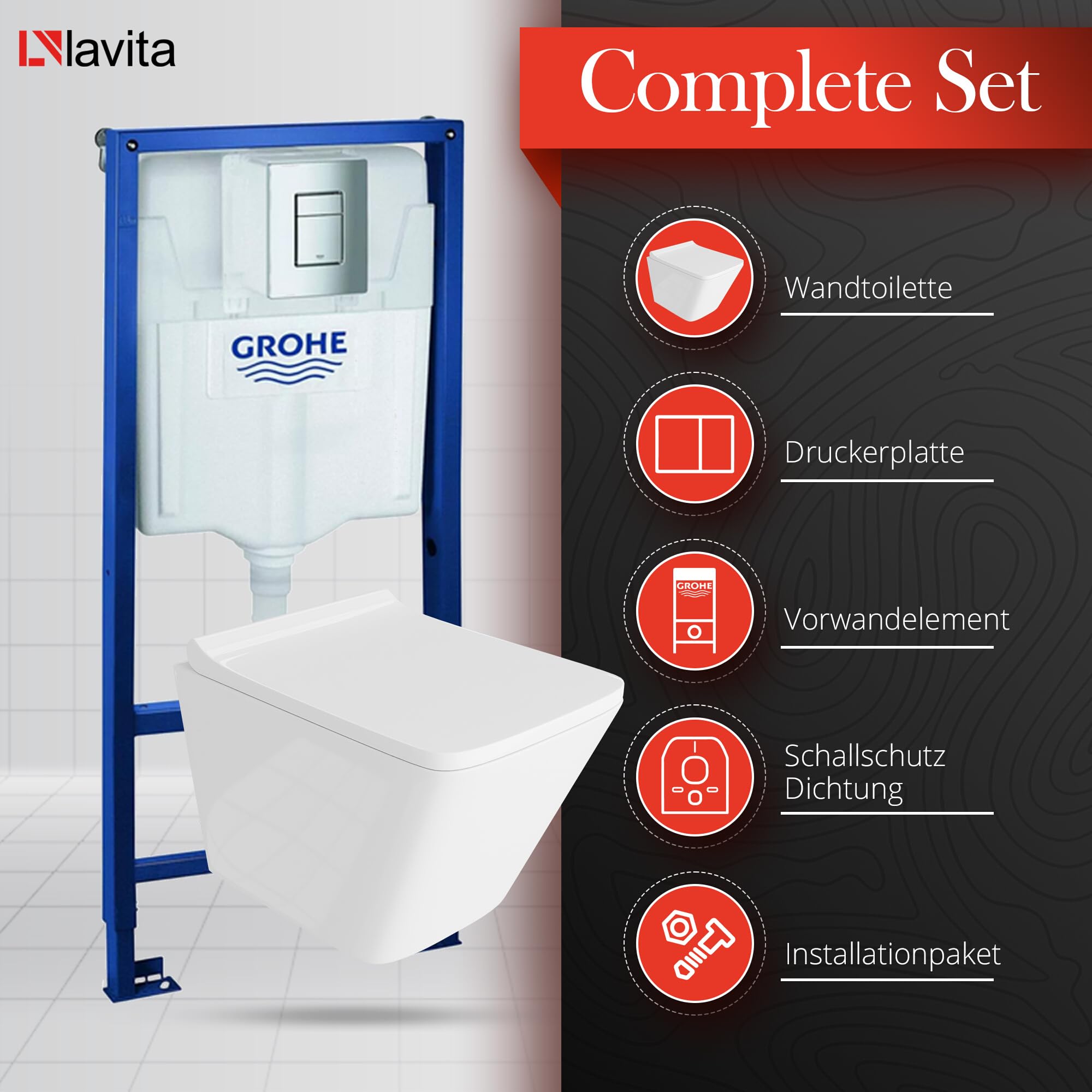 GROHE Solido + pared colgante Lago blanco sin borde + asiento de inodoro con descenso automático, botón cromado, juego completo de cisterna, inodoro completo