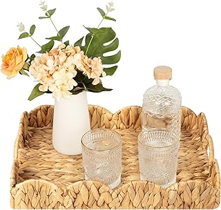 StorageWorks Rectangle Wicker Scalloped Tray, Rattan Serving Trays with Handles, Water Hyacinth Basket for Decorative & Organizing, 15.75" L x 11.5" W x 2.75" H