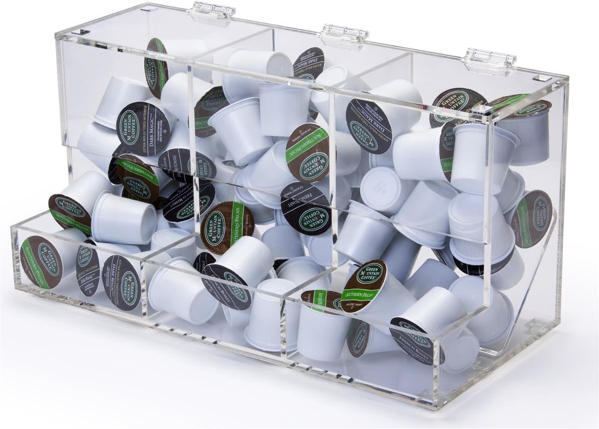 Displays2go 3-Compartment Storage Bin for Counters, Hinged Lid for Easy Refilling, Acrylic (Clear)