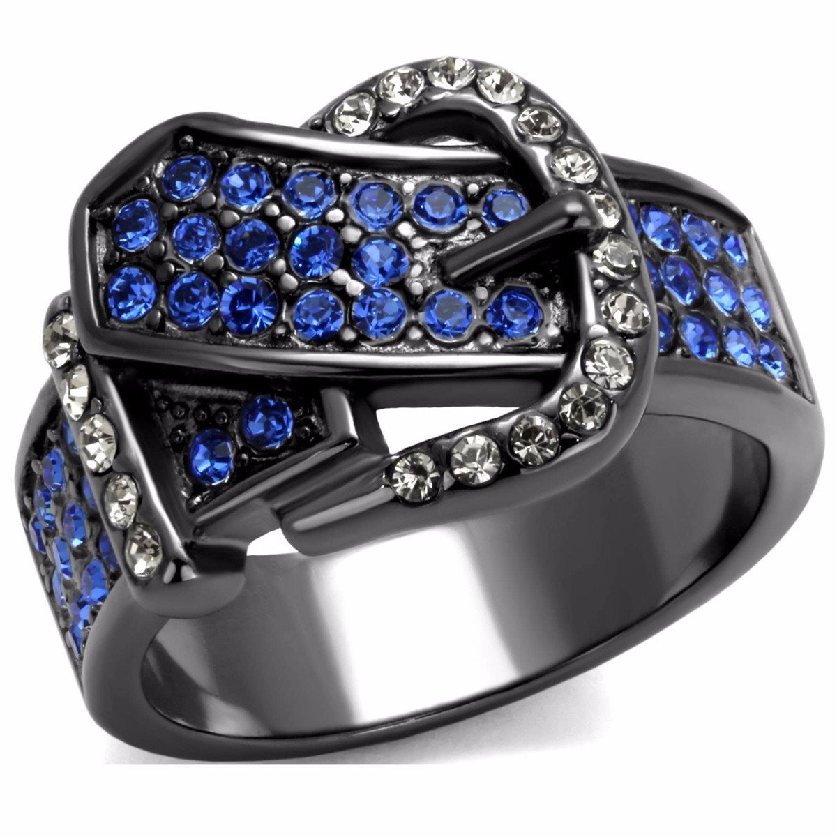 LanyjewelryRoyal Blue Multi Color Crystal IP Light Black Stainless Steel Belt Buckle Ring
