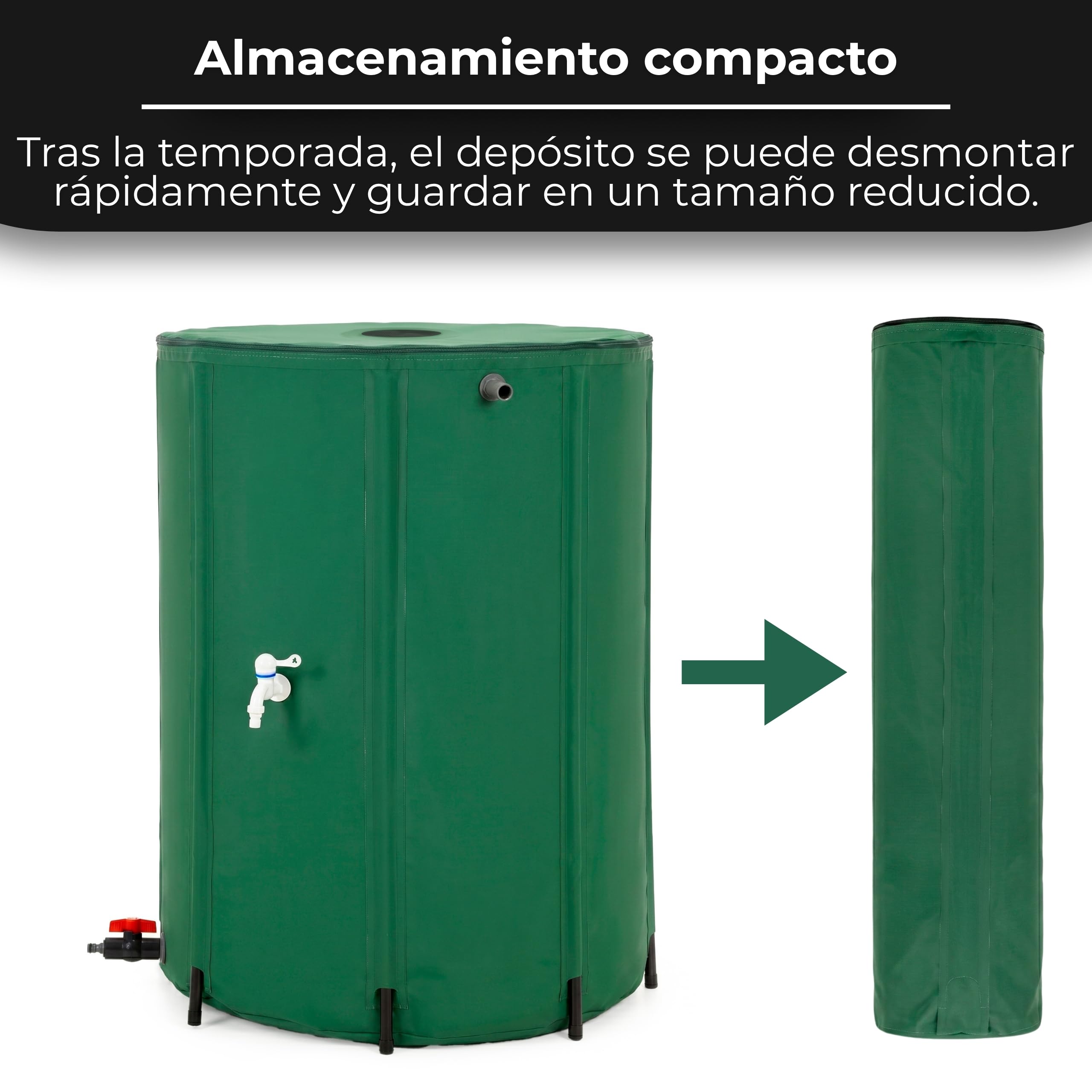 Springos Depósito de agua de lluvia de 500 l para jardín, almacenamiento de agua de PVC 1000D, plegable, con 8 puntales de apoyo, doble grifo, protección contra rebosadero, borde reforzado, barril de