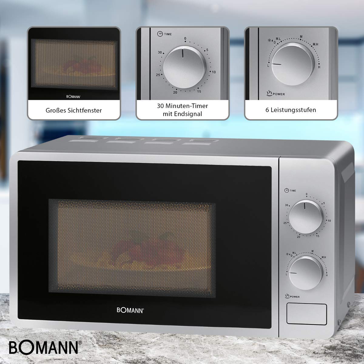 Bomann Kuchenka mikrofalowa z 20 l komory i oświetleniem komory gotowania | Microwave z 6 poziomami mocy | urządzenie do mikrofal z minutnikiem 30 min | mikrofale z talerzem obrotowym Ø 24,5 cm | 700