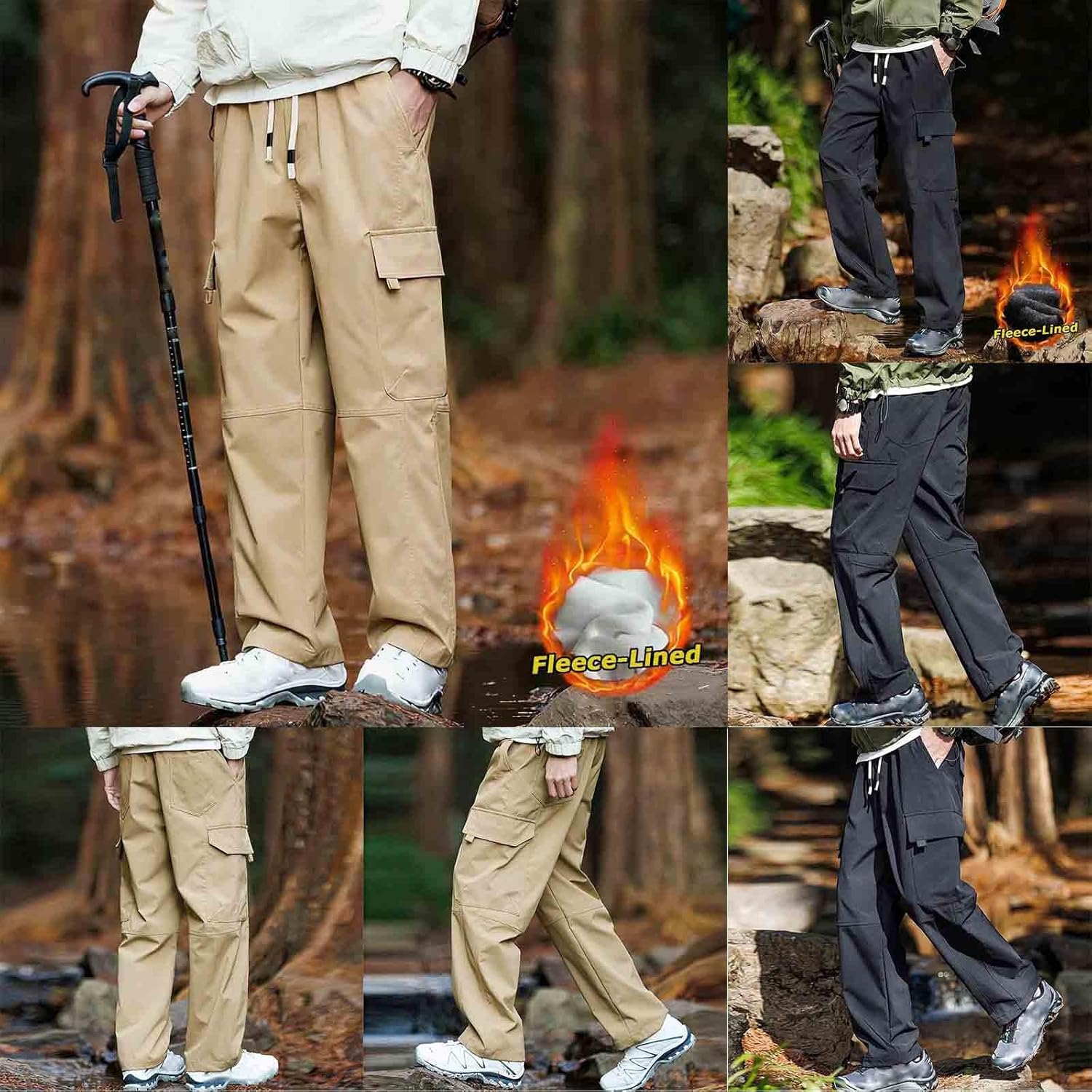 Cambkatl Warm Fleece Cargo Pants for Men Casual Elastic Waist Straight Leg Outdoor Hiking Sweatpants with Pockets