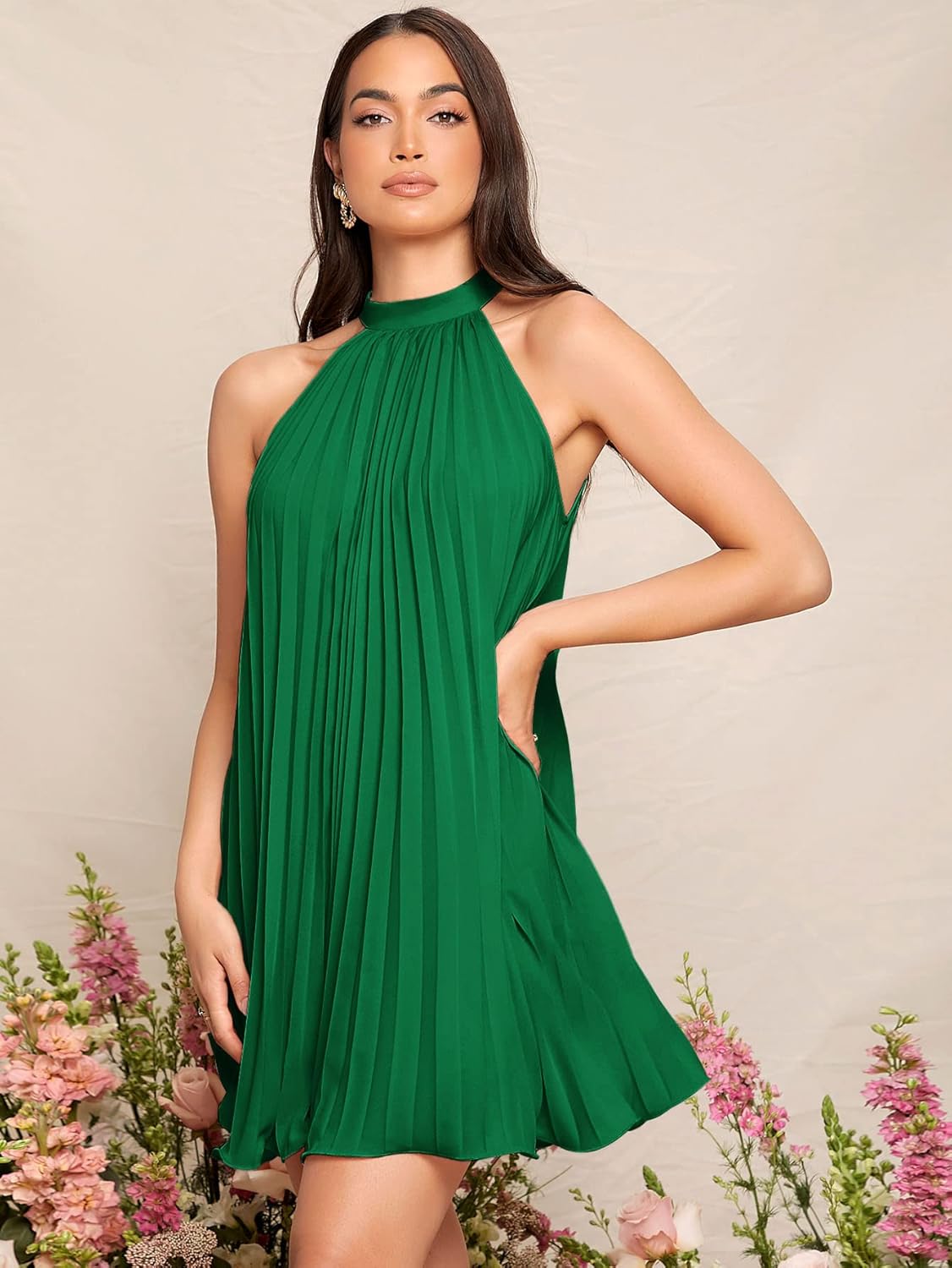 SweatyRocks Women's Casual Sleeveless Tie Back Halter Dress Mini Swing Pleated A-line Loose Dress - Image 3