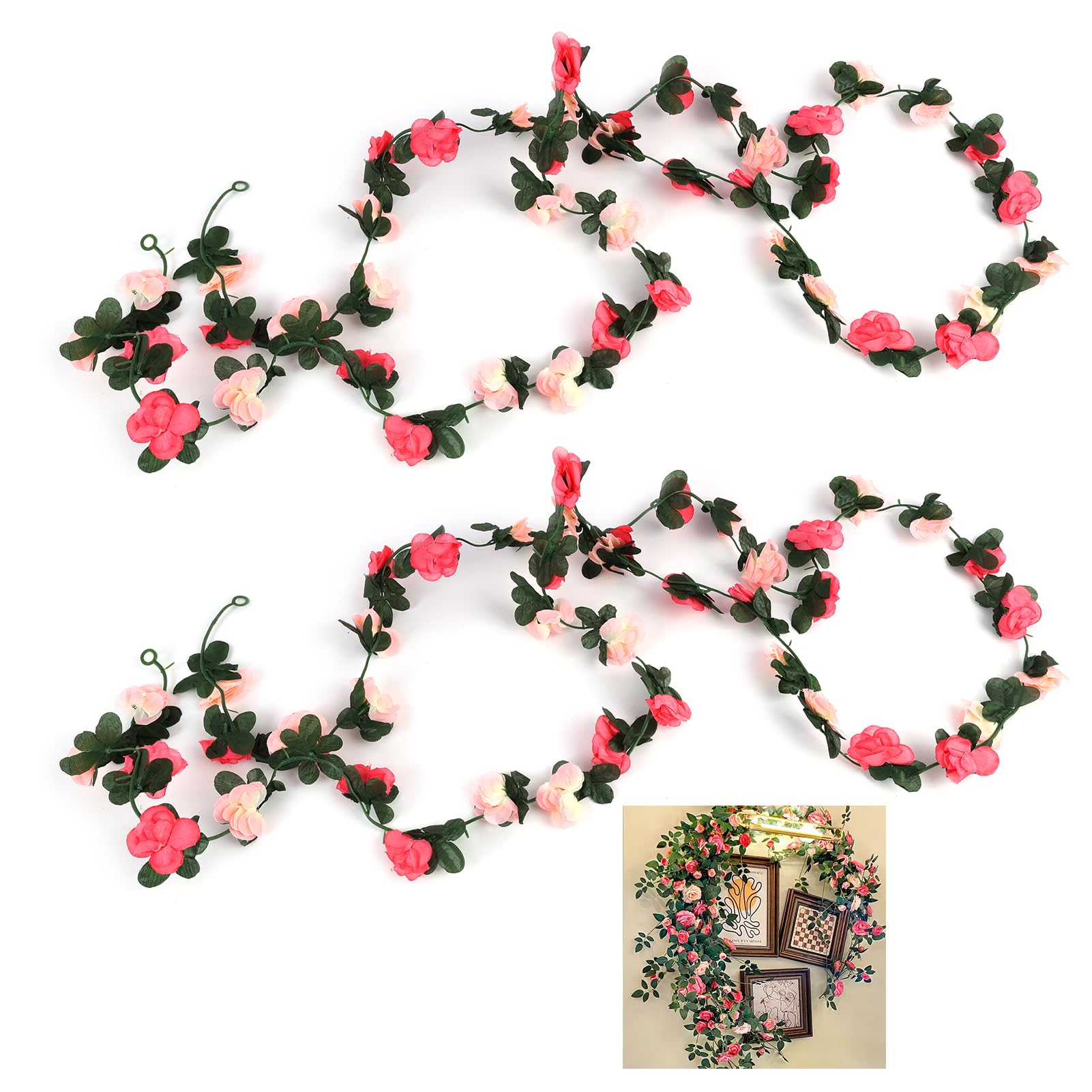 Godtkowty Pink And Green Artificial Flowers Garlands 5 Meters Fake Flower Garland，Fake Hanging Flowers Decoration For Weddings, Parties, Gardens, Bedrooms, And Tables