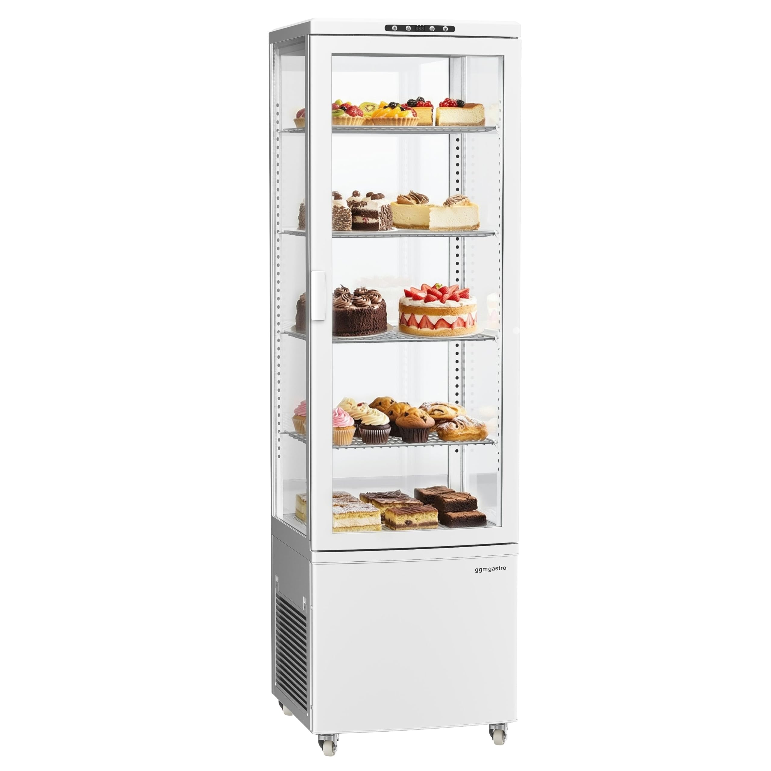 GGM Gastro Panoramavitrine 235 L, 1 Glastür, 515x485x1690 mm | Optimale Warenpräsentation, effiziente Umluftkühlung, automatische Abtaufunktion, energieeffiziente LED-Beleuchtung, robust