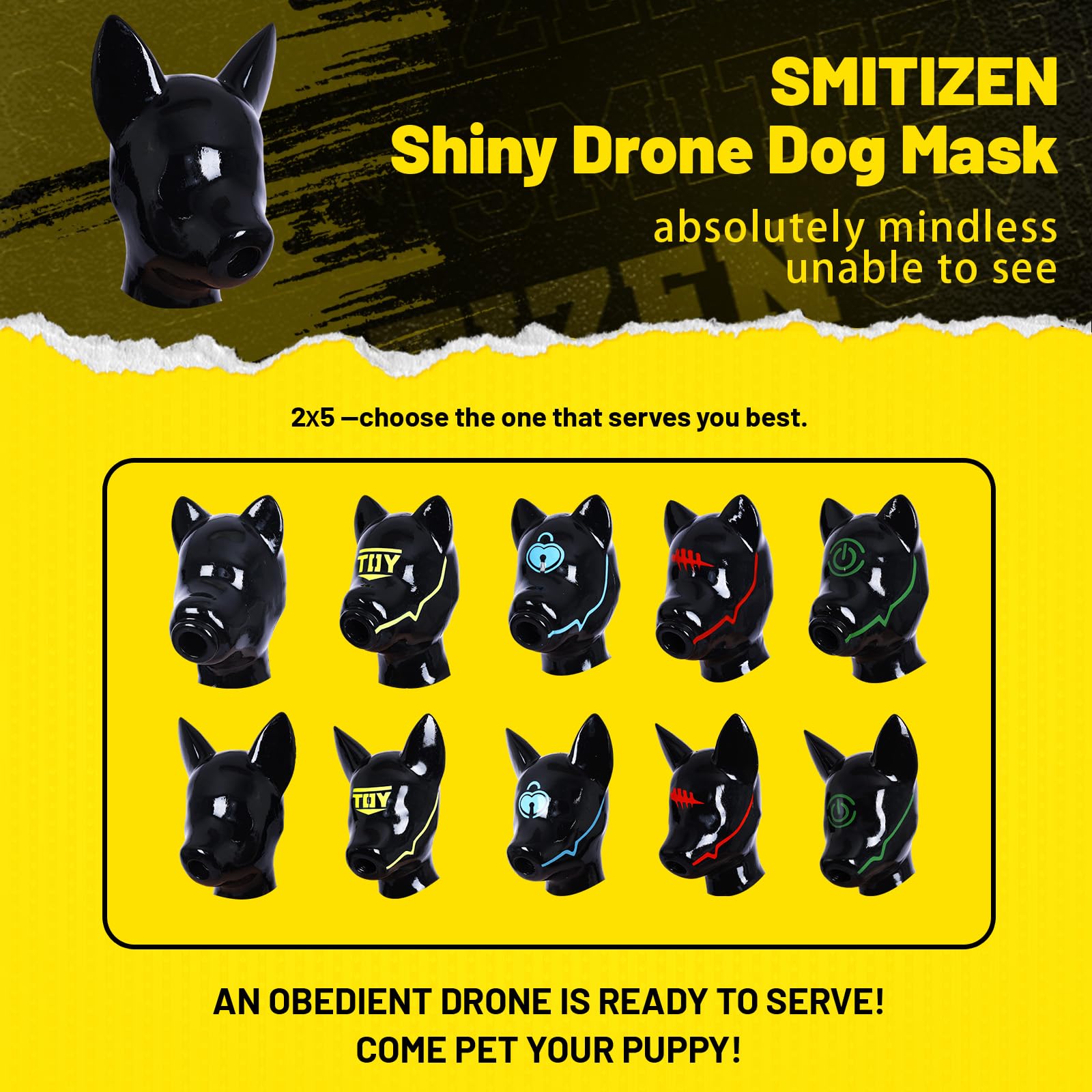 SMITIZEN Latex-like Silicone Drone Dog Mask, Shiny Full Face Rubber Hood, Breathable Gas Mask Puppyplay Gear Furry Fetish Art: Pure Black-long Ears