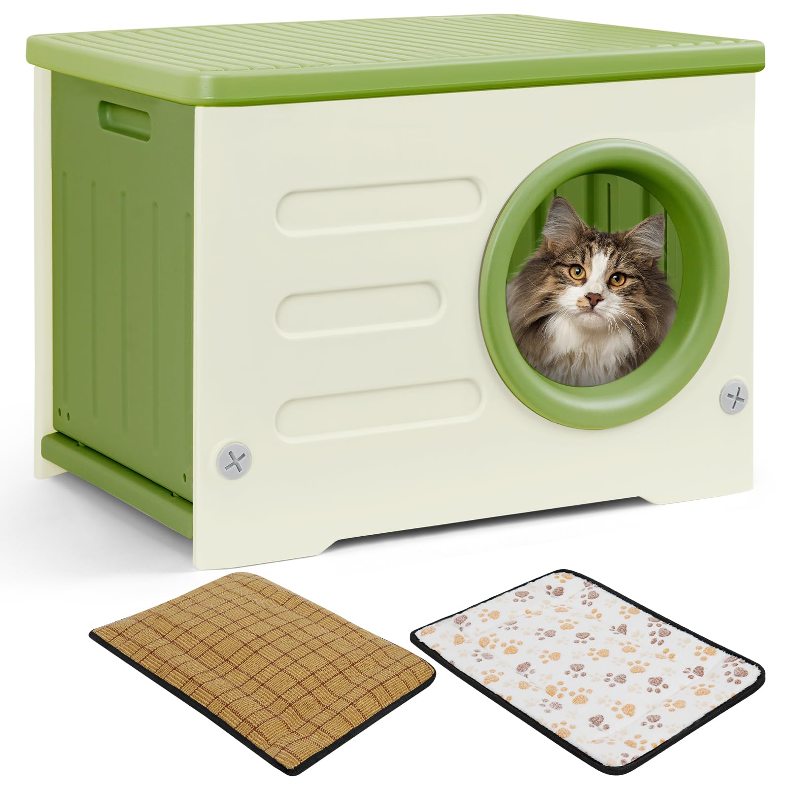 Cat House for Outdoor Indoor Use, Stackable Feral Cat Shelter Indoor Cat House Weatherproof Waterproof Elevated, with 2-Sided Cushion (Green)