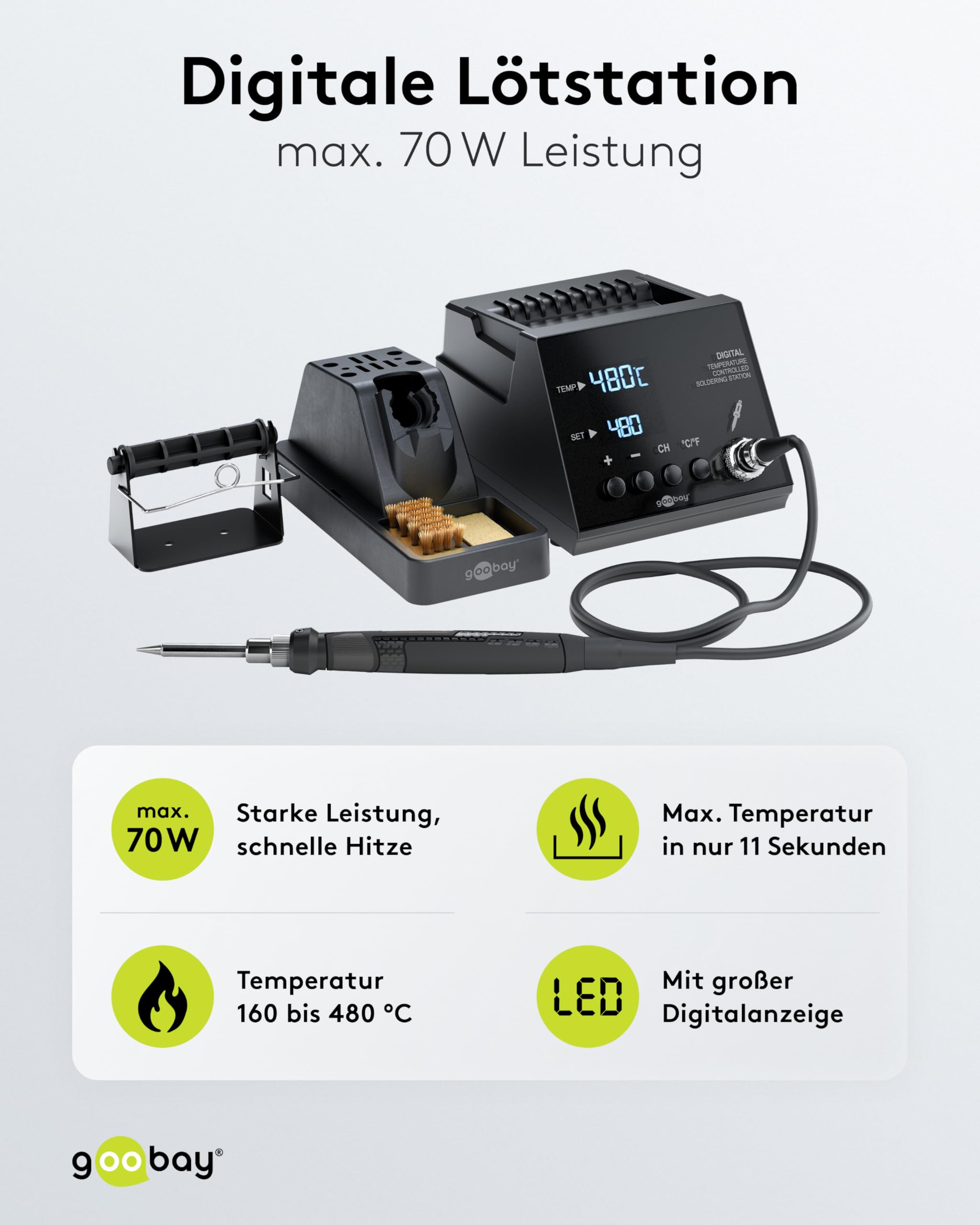 goobay Estación de soldadura digital 70W, 160–480°C, calienta en 8 segundos, pantalla LED, función de memoria, escalones de 1°C, para electrónica, modelismo y pirografía, incl. soldador y accesorios