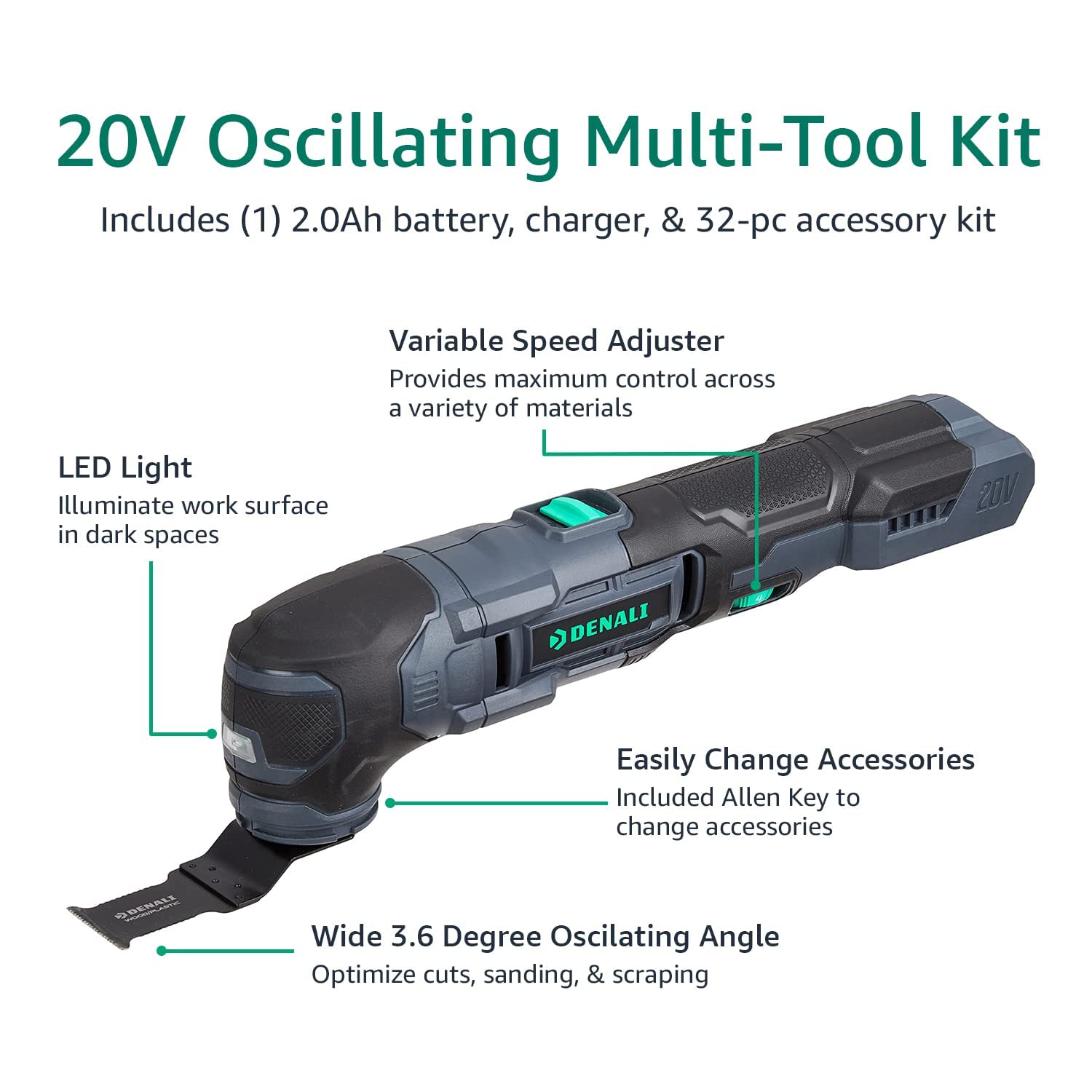 Denali (marchio Amazon) by SKIL multiutensile oscillante da 18V (20V max), include kit di 32 accessori, una batteria da 2.0Ah e caricabatteria, nero
