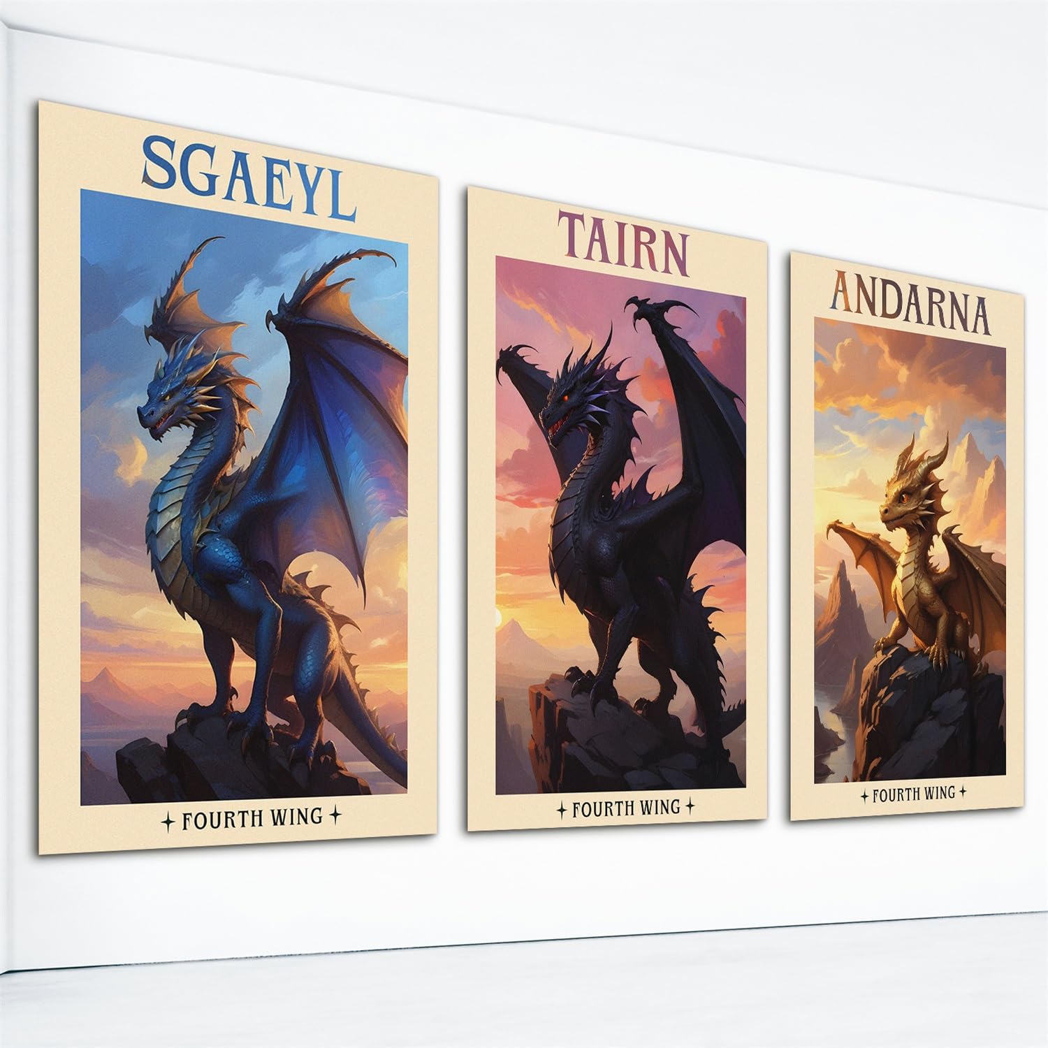 Szong Dragon Famous Book Fourth Wing S Poster, Set Of 3 Prints Tairn Andarna Sgaeyl Canvas Wall Art, Violet Sorrengail Xaden Riorson Rider Wall Art For Living Room Bedroom 12X16in Unframed