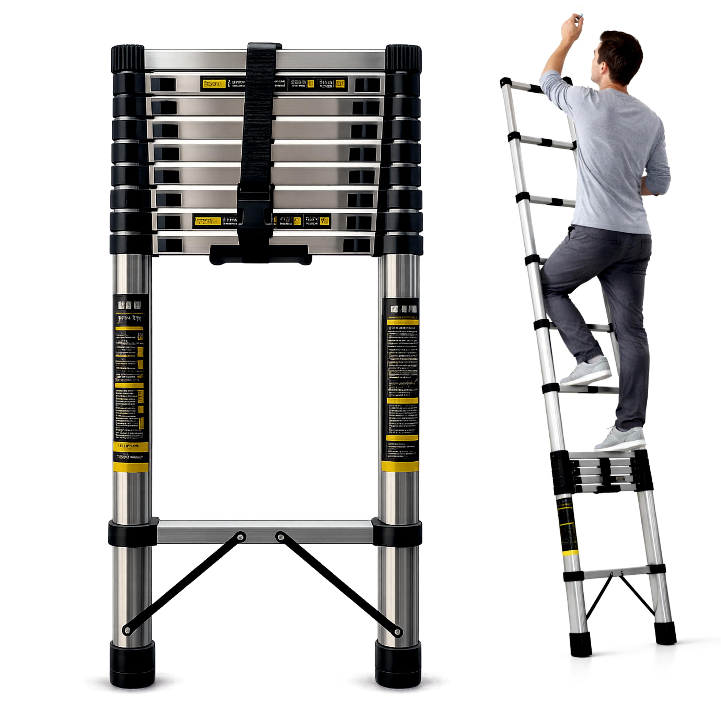 JIALTO 3.9 Meter (12.8 Feet) Portable & Compact Ultra-Stable Stainless Steel Telescopic Ladder Multipurpose 10 Step for Home Outdoor use. 180-200 Kg Load Capacity - Silver-image-33