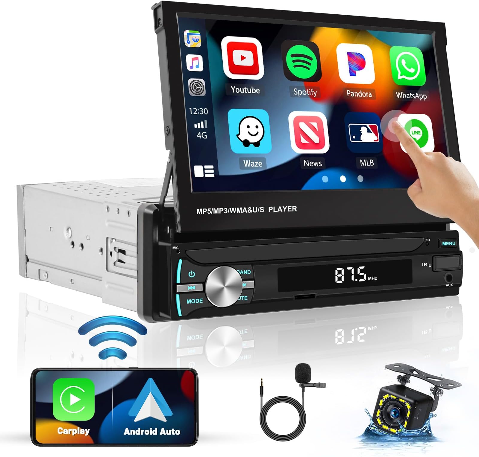 Autoradio 1 DIN CAMECHO Con Schermo 7" Touch | Bluetooth, Mirror Link, USB, FM | + Telecamera Retro | Bascule Automatico