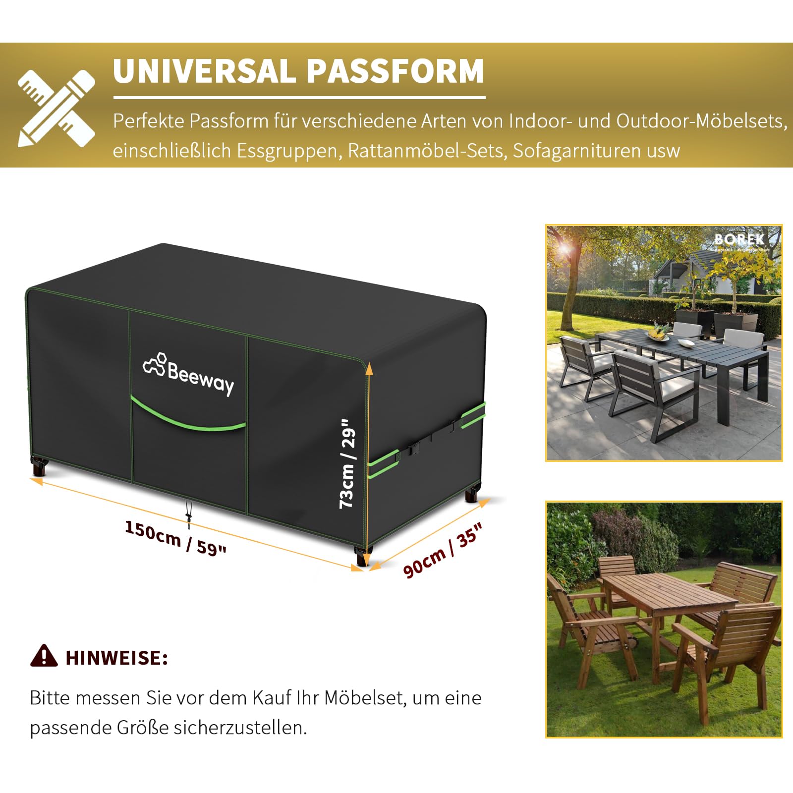 Marke: BEEWAY BEEWAY Gartenmöbel Abdeckung Wasserdicht V2.0 150x90x73cm, Schutzhülle Abdeckplane für Gartentische Terrassenmöbel Möbelsets - 420D Oxford Gewebe, Anti-UV, Winterfest in use