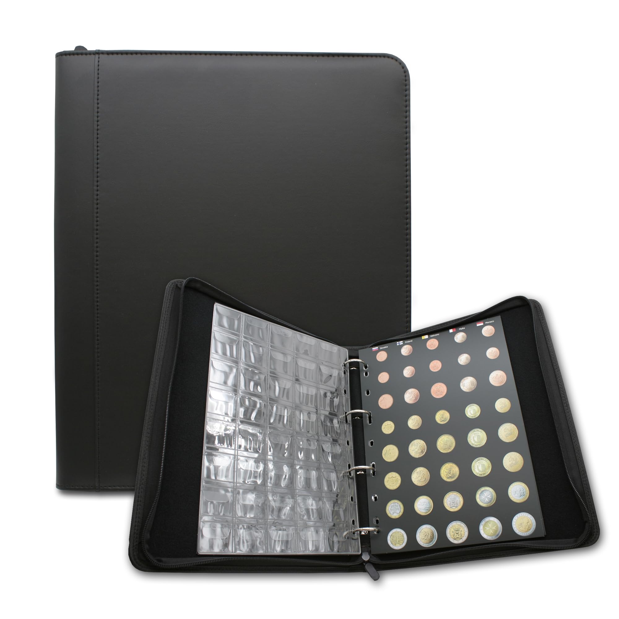 DOJA Barcelona Euro Coin Collection Album Book - 33x27x5cm - for Numismatic Collection with Template Pages and 280 Pockets for Coin Storage, Protective PU Leather Coin Holder Album with Zip Closure
