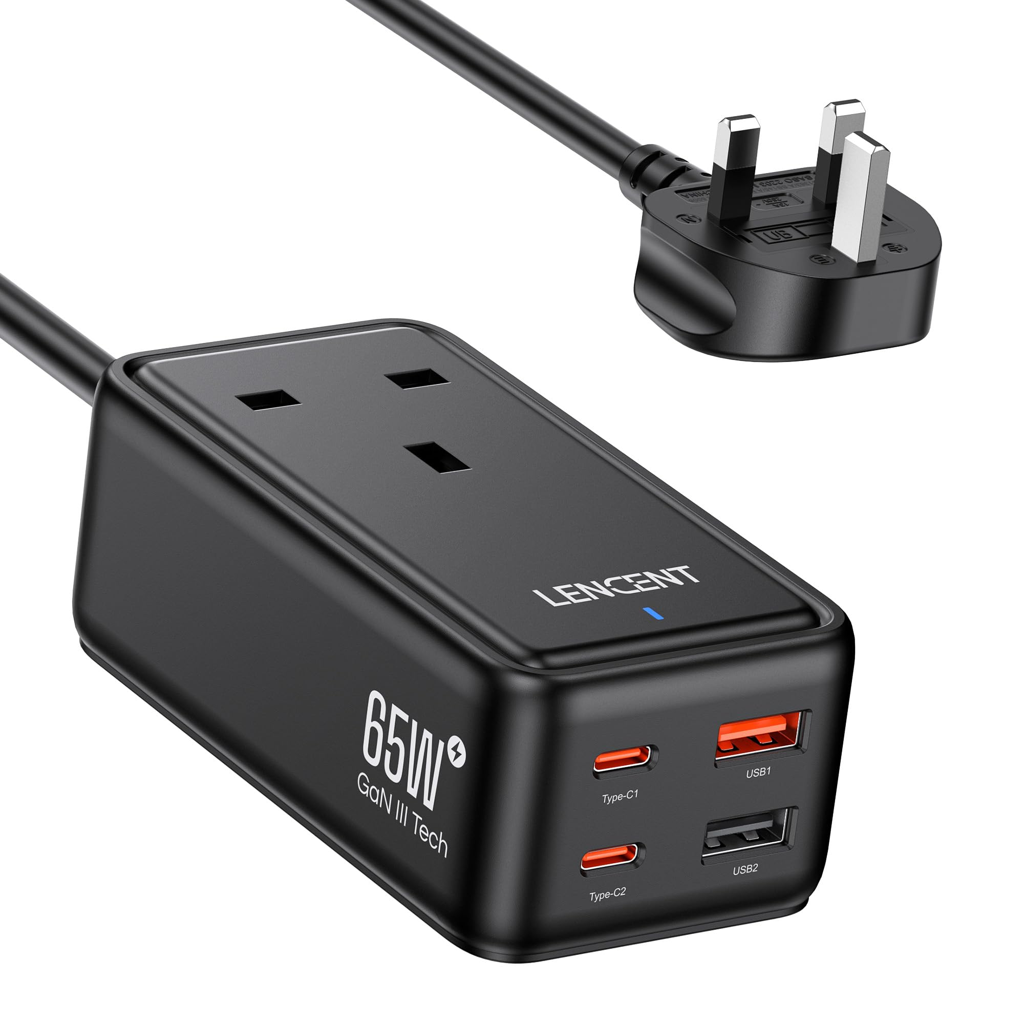 LENCENT 65W USB C Charger Plug, Gan III 4-Port Fast Wall Charger with 1 AC+4 USB Ports, PD Desktop Charger,Compatible with Laptop, MacBook, iPad Pro, iPhone and More (Black)