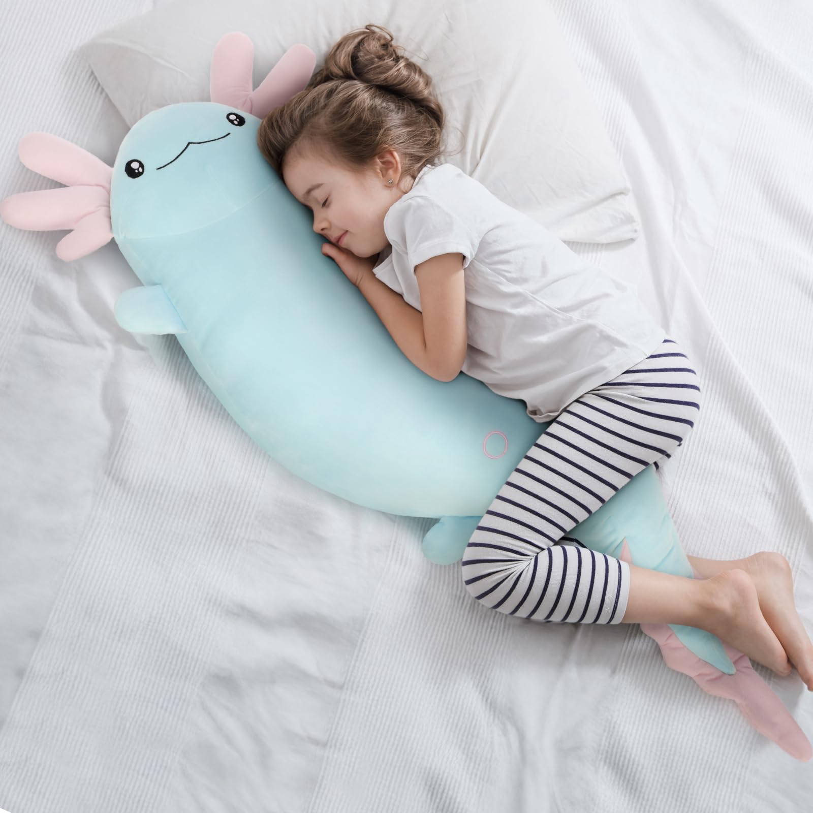 MorisMos 122cm lang Axolotl Kuscheltier XXL Kissen, Geburtstag Geschenk für Kinder Baby,blau rosa