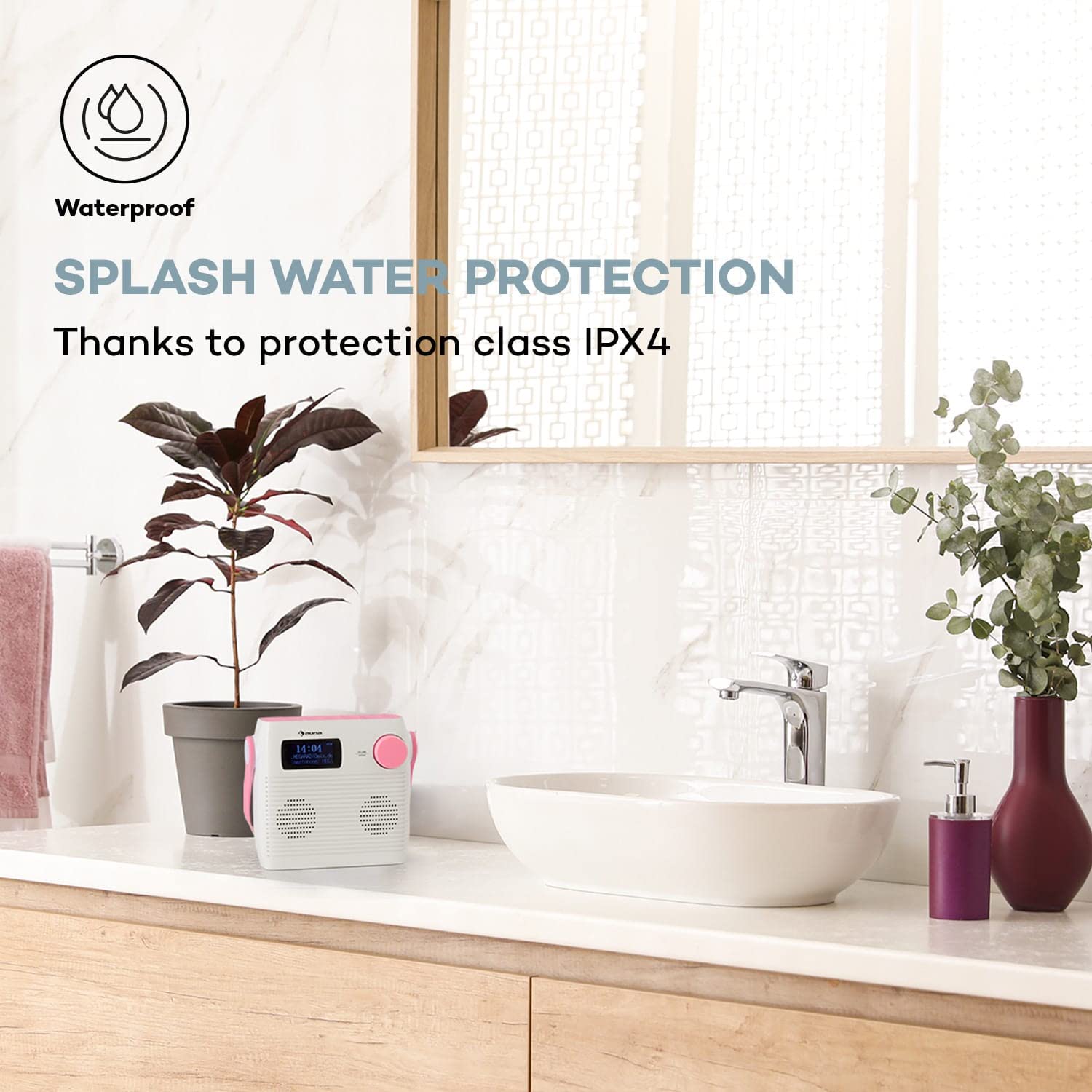Auna Splash Duschradio, DAB Radio, BT DAB+/UKW IPX4, DAB+ Radio mit USB-Port Kopfhöreranschluss USB-C Akku, Digitalradio, weiß-rosa