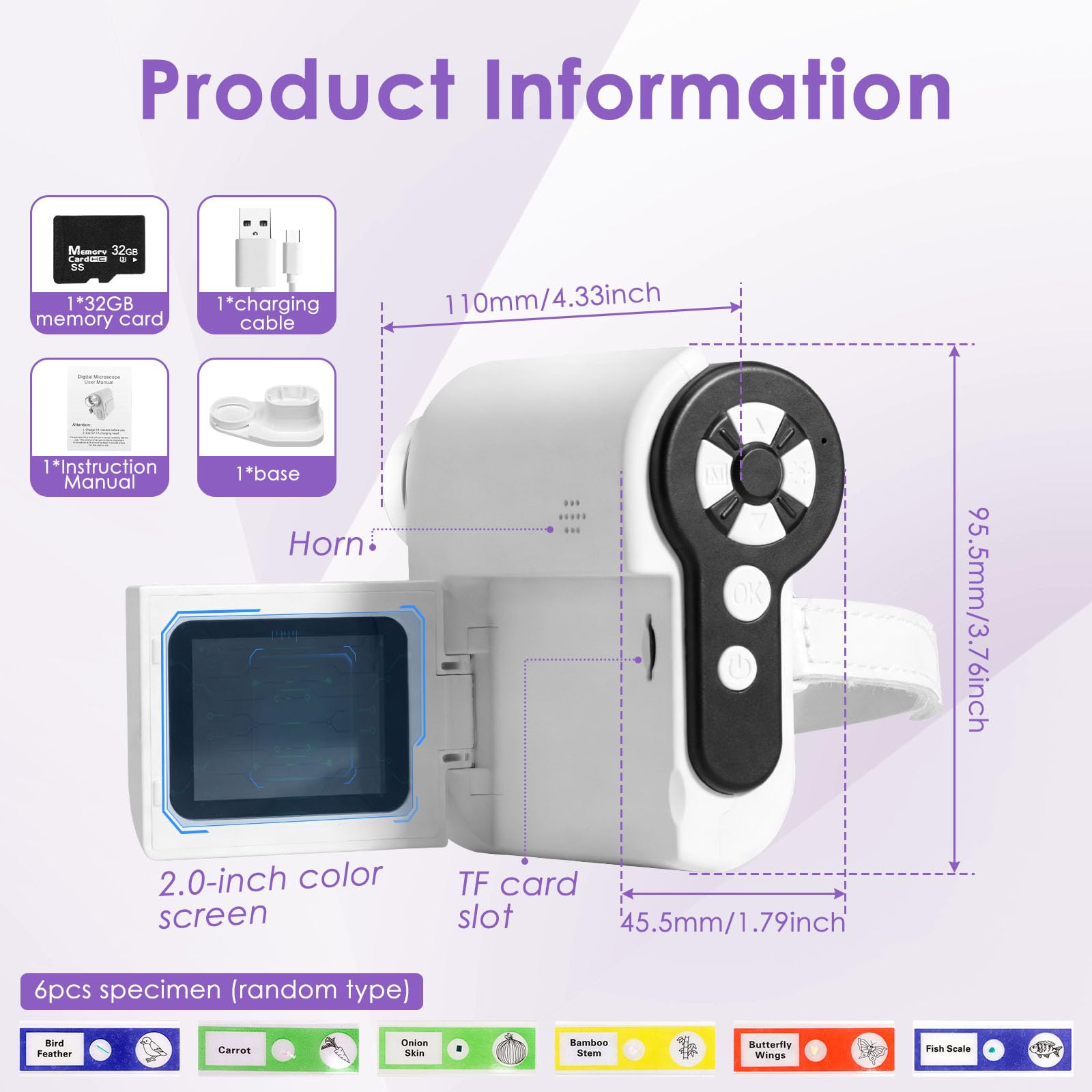 Mikroskop dla dzieci od 8 lat, przenośny mikroskop kieszonkowy 100x–1000x, ekran IPS 2,0" i 6 LED, regulowany mikroskop cyfrowy do obserwacji i nauki, eksploracji na świeżym powietrzu