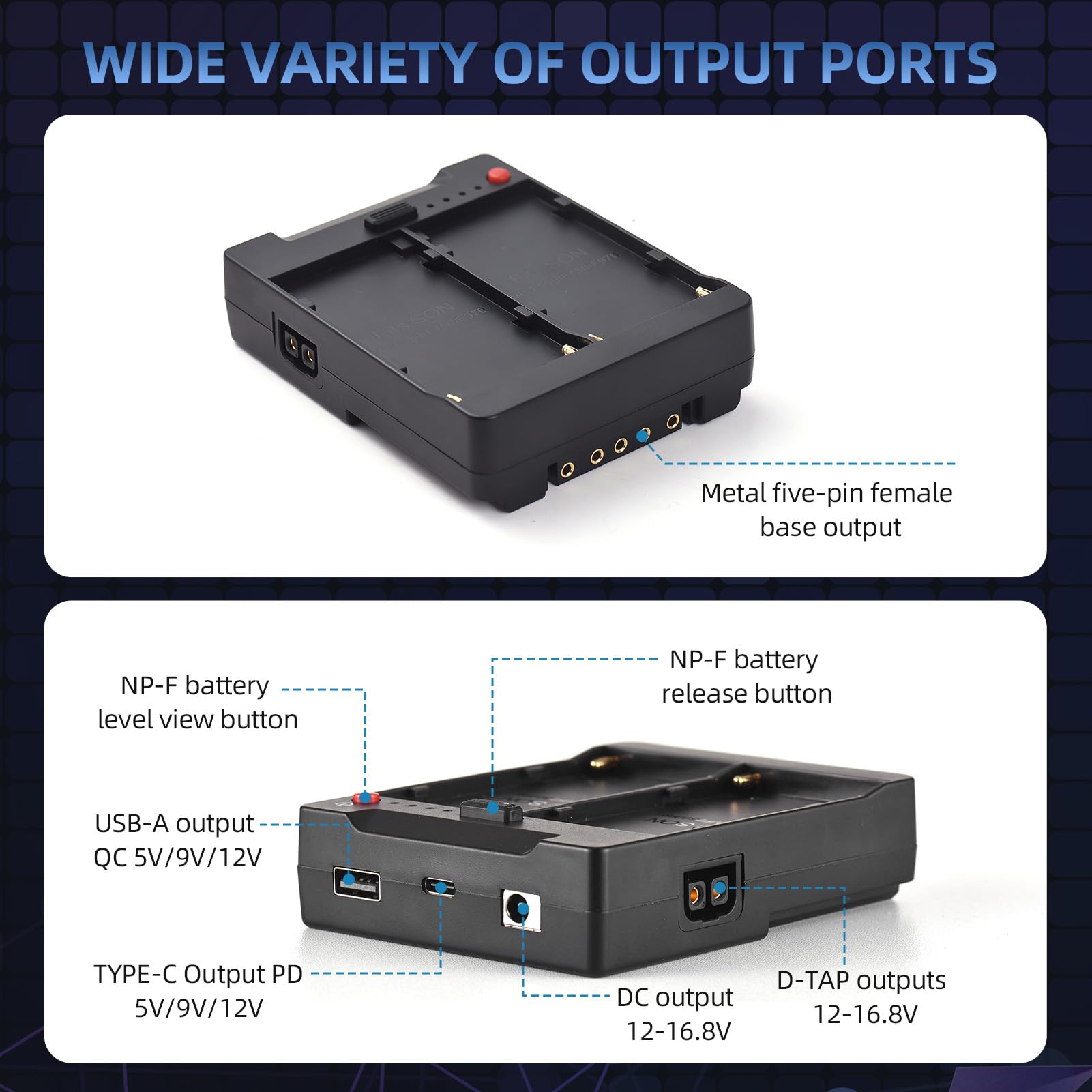 Andoer NP-F970 F750 F550 - Piastra per batteria a V-Lock V-Mount con uscite USB-A/Type-C/DC/D-TAP