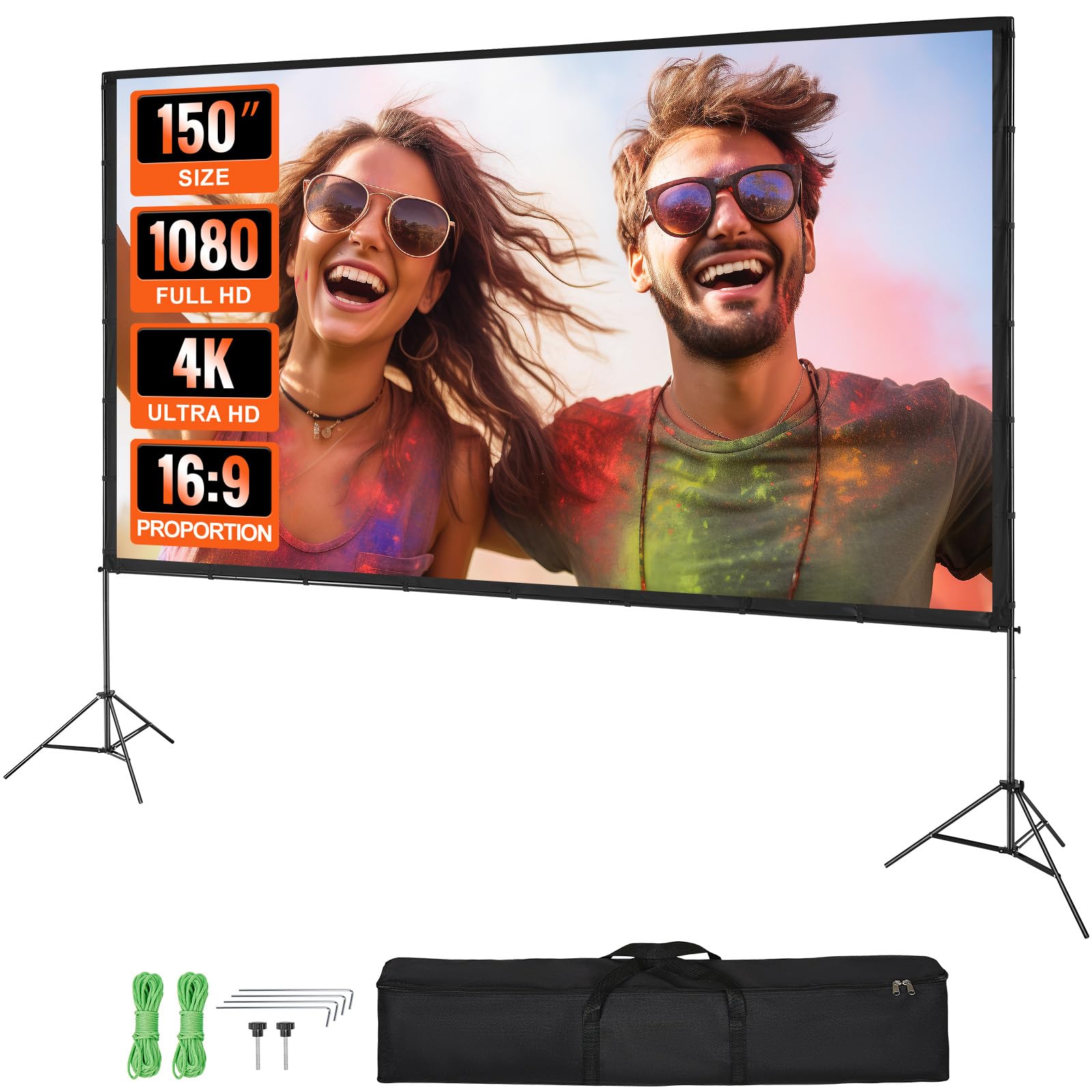 VEVOR 150" 16:9 HD Standing Projector Screen Portable Double-Sided Anti-Wrinkle Wide Viewing Angle with Storage Bag for Home Theater Video Projector