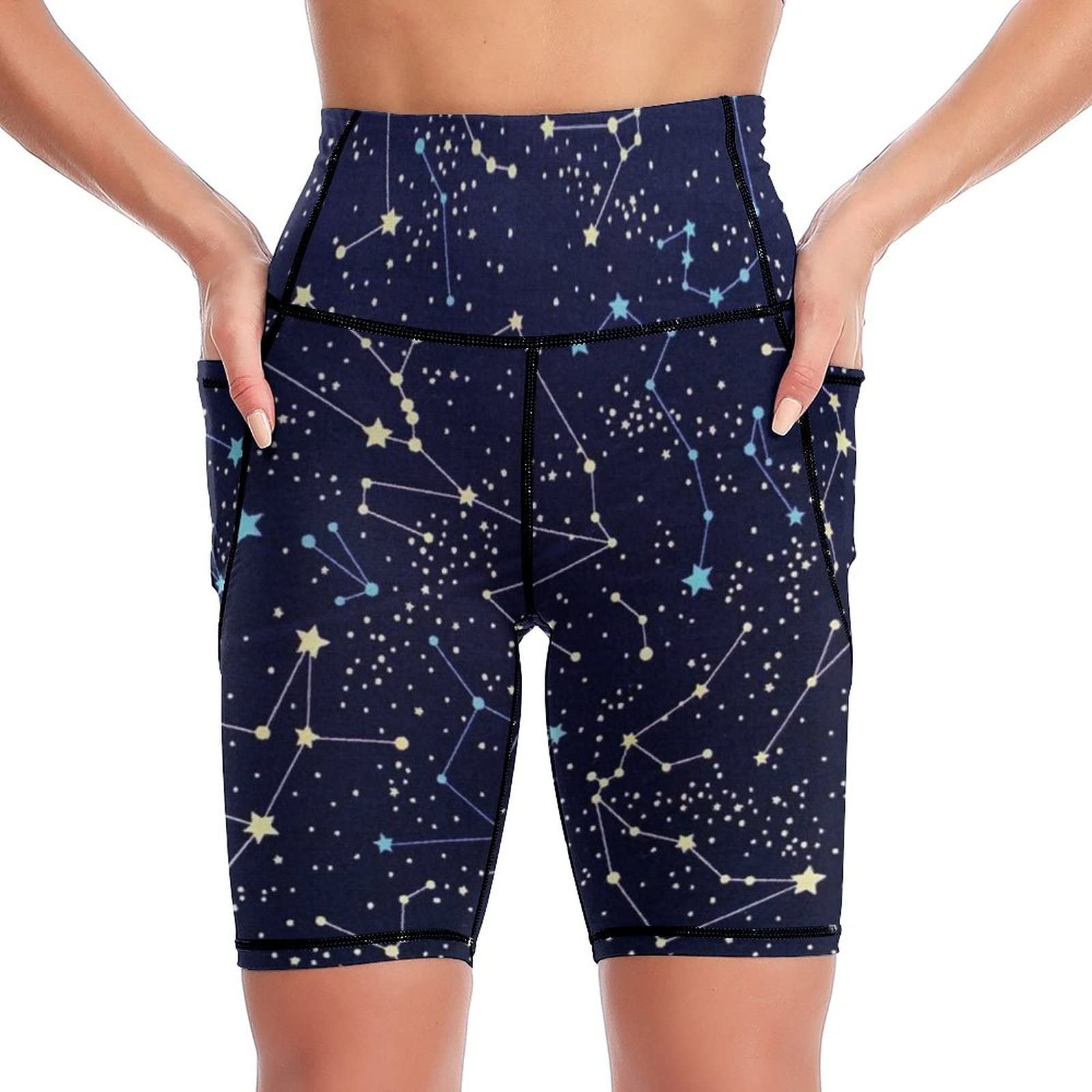 RBAZYFXUJ Gym Shorts, Glow in The Dark Constellations Midnight Yoga Shorts, Women Shorts with Pockets for Running, Gym, Yoga