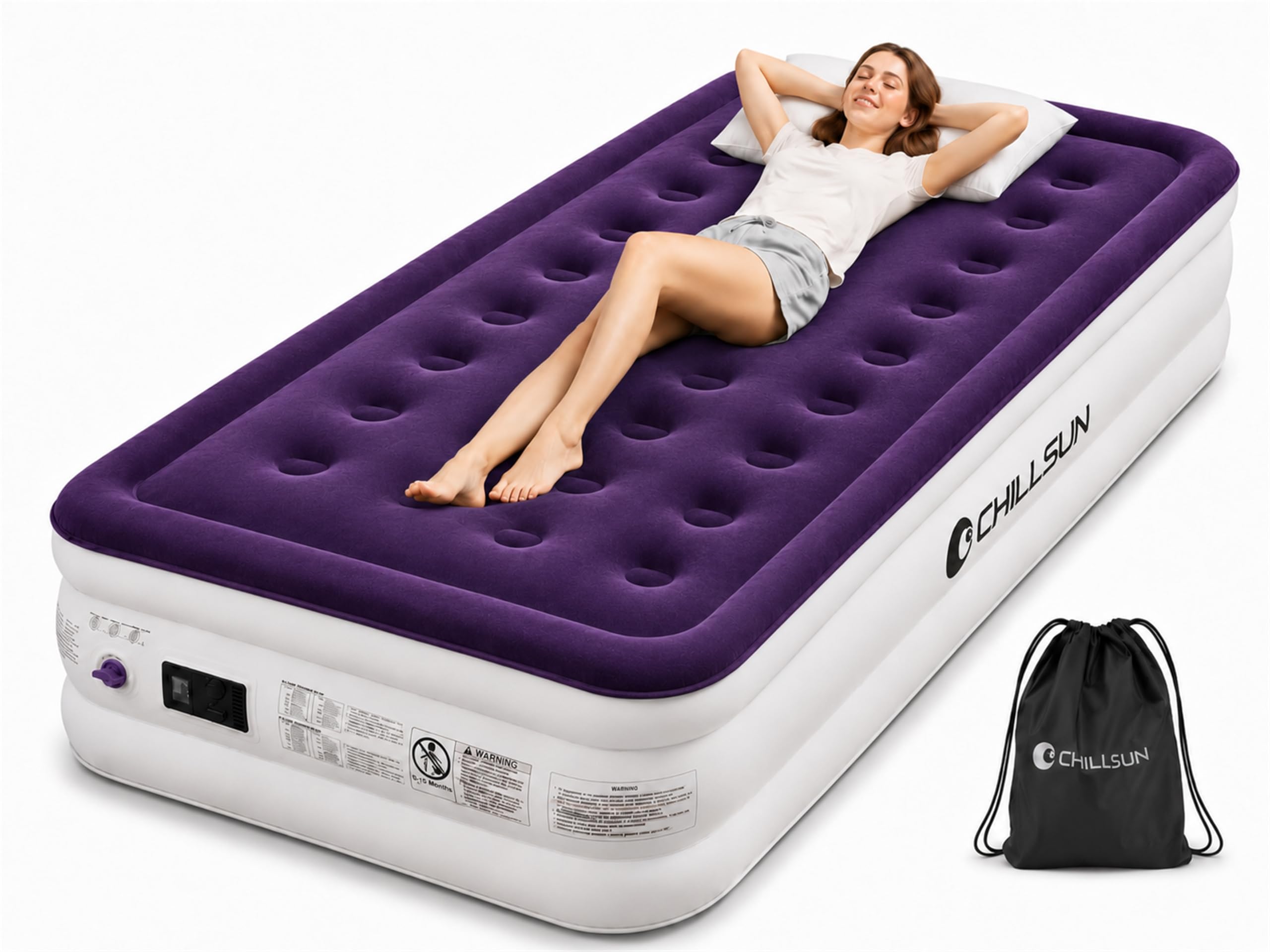 CHILLSUN Twin Air Mattress Inflatable Airbed with Built in Pump, 3 Mins Quick Self-Inflation, Comfortable Top Surface Blow Up Bed for Home Portable Camping Travel, 75x39x18'', 550 lb MAX-image-43