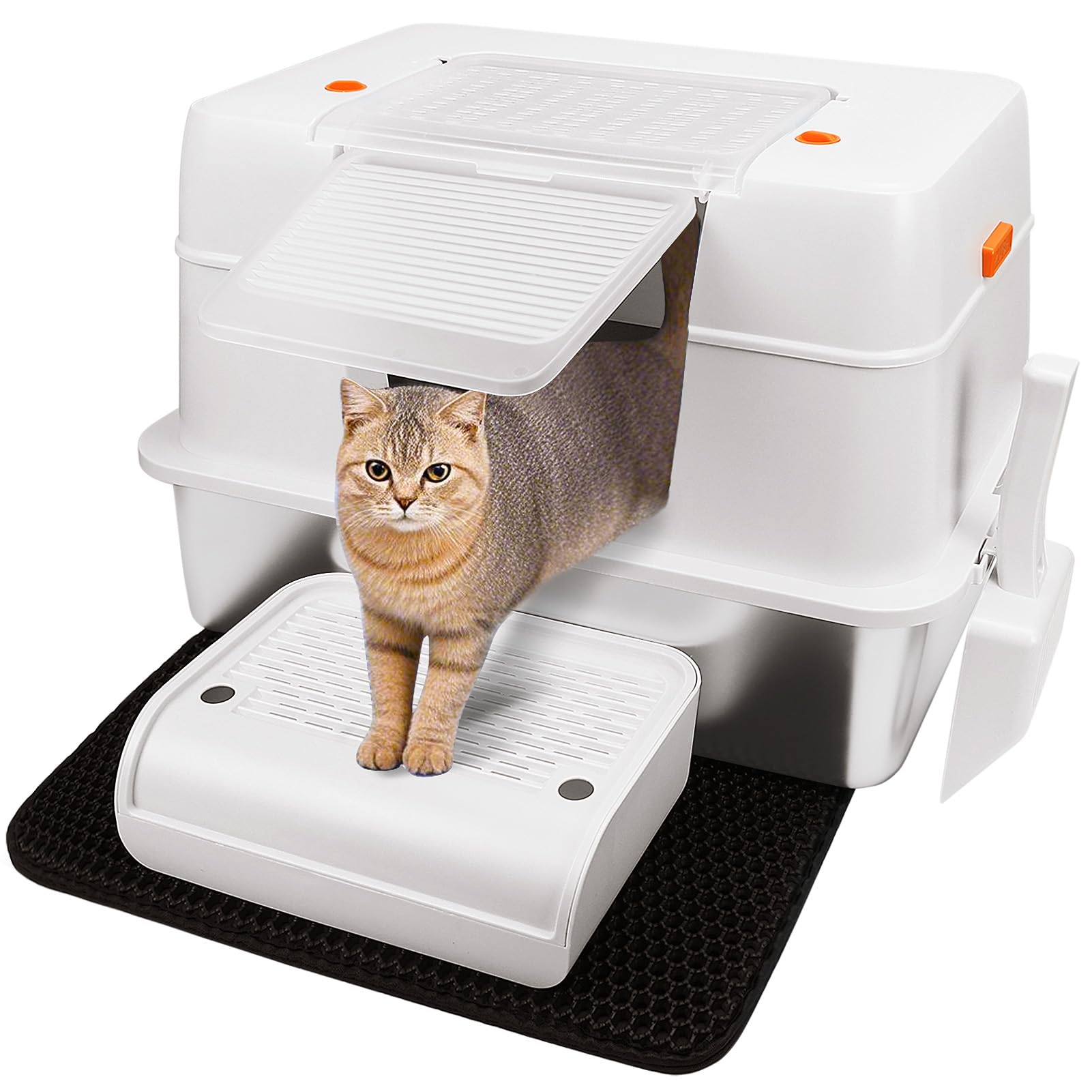 Vivifying Enclosed Stainless Steel Cat Litter Box with Lid, High-Sided, Removable and Metal Stainless Steel Cat Litter Tray with Scoop, Steps and Mat (Beige)