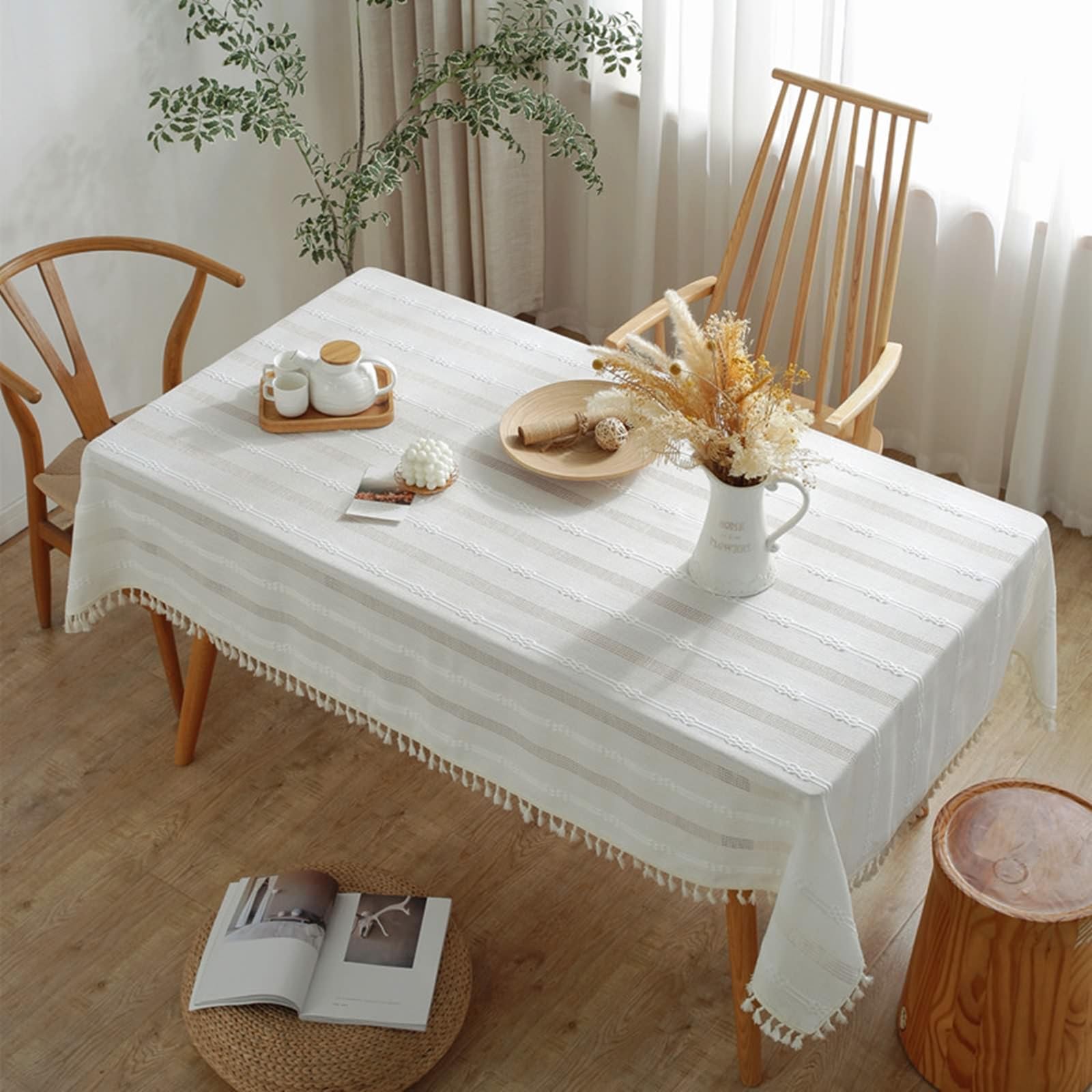 Tovaglia Decorativa Rettangolare, Tovaglie 140 x 260 cm Strisce all'uncinetto in Poliestere Copritavolo per Tavolo da Pranzo, Cucina, Festa CompleannoBianco crema