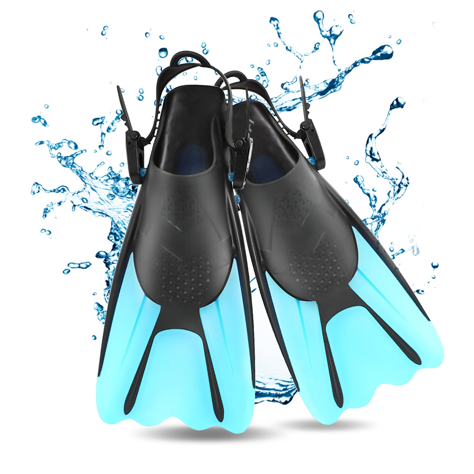 Swimming Training Fins, Snorkel Fins with Adjustable Buckles and Open Heel, Diving Flippers for Men Women Youth (Blue)