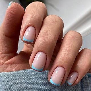 Modelones French Tip Press on Nails Short, Square Fake Nails, Reusable Nail Kit with Nail Glue Adhesive Tabs Mini Nail File, Nails Press Ons 32Pcs 16Sizes, Women Girl Gift, Blue