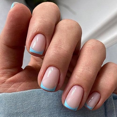 Modelones French Tip Press on Nails Short, Square Fake Nails,
