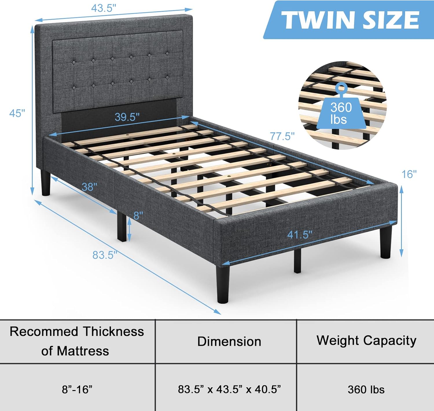 GORELAX Upholstered Twin Bed Frame, Mattress Foundation with Wood Slats & Adjustable Foot Pads, 16 inch Tall Single Platform Bed Frame w/Paralleled Button Tufted Headboard