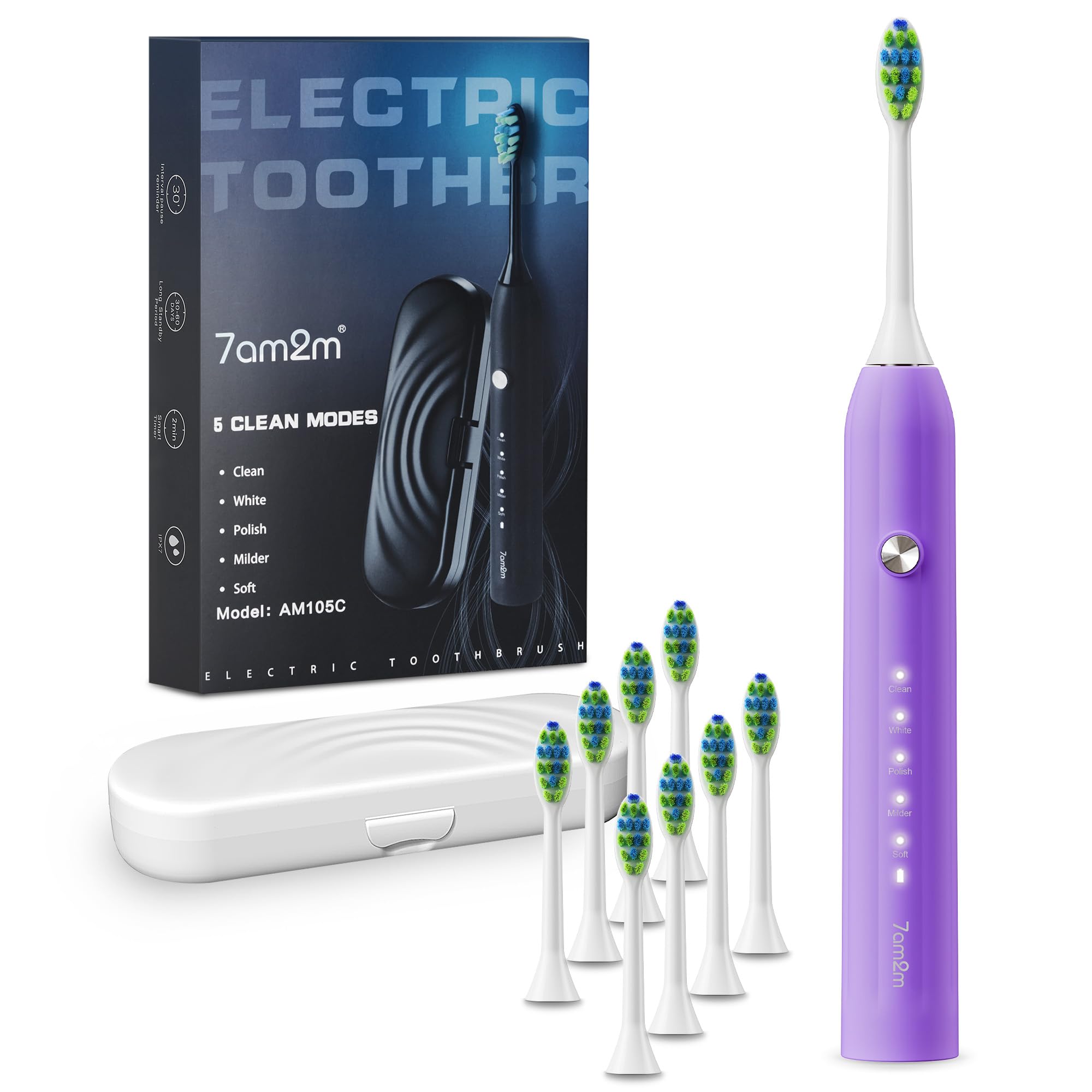 7AM2M Sonic Electric Toothbrush for Adults and Kids, with 8 Brush Heads and Travel Case,5 Modes with 2 Minutes Built in Smart Timer, One Charge Use