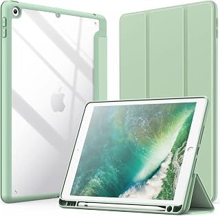 JETech Case for iPad 9.7-Inch (6th/5th Generation, 2018/2017) with Pencil Holder, Clear Transparent Back Shell Slim Stand Shockproof Tablet Cover, Auto Wake/Sleep (Matcha Green)