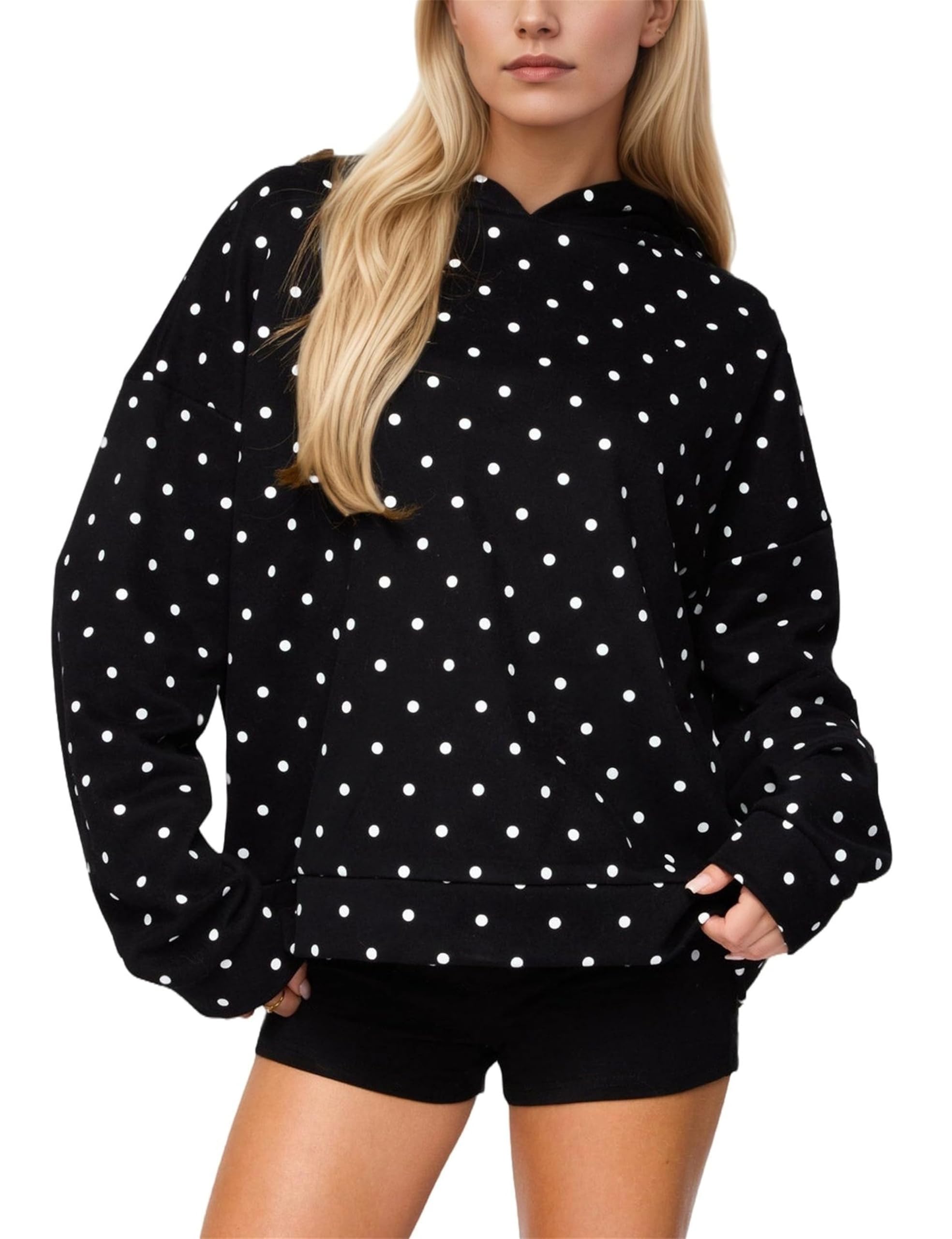 Generisch Damska bluza z kapturem w kropki oversize bluza z kapturem bluza rekreacyjna top (czarna, S)
