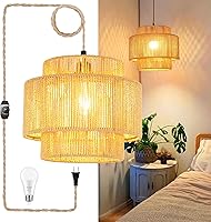 QIYIZM Boho Rattan Plug-in Pendant Light Dimmable Wicker Bamboo Shade Hemp Rope Hanging Lamp for Living Room Bedroom Kitchen