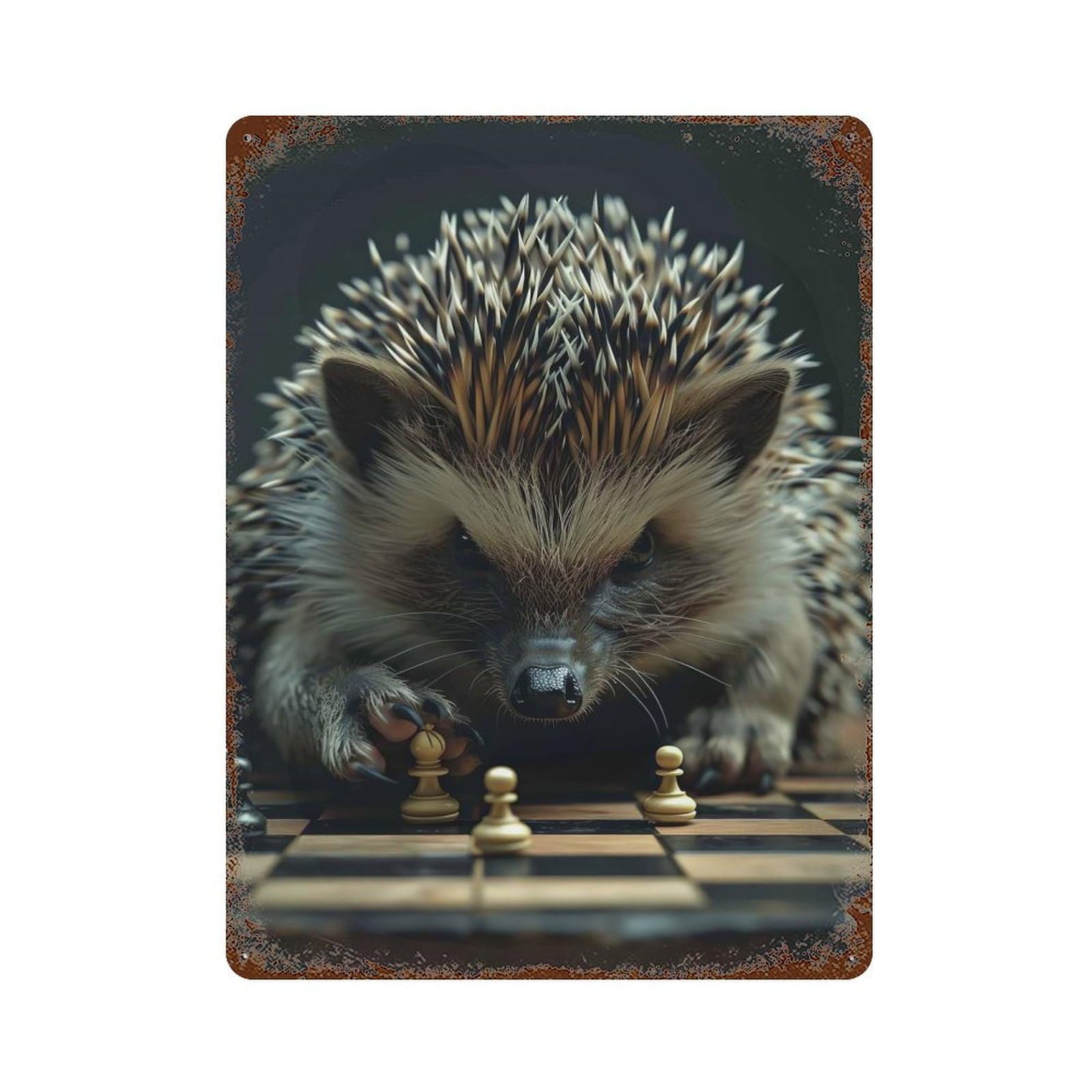 Distressed Metal Wall Sign with Hedgehog Chess Design 15.7"x11.8", for Shed, Workshop And Garage Wall Decor, Decorative Metal Wall Art