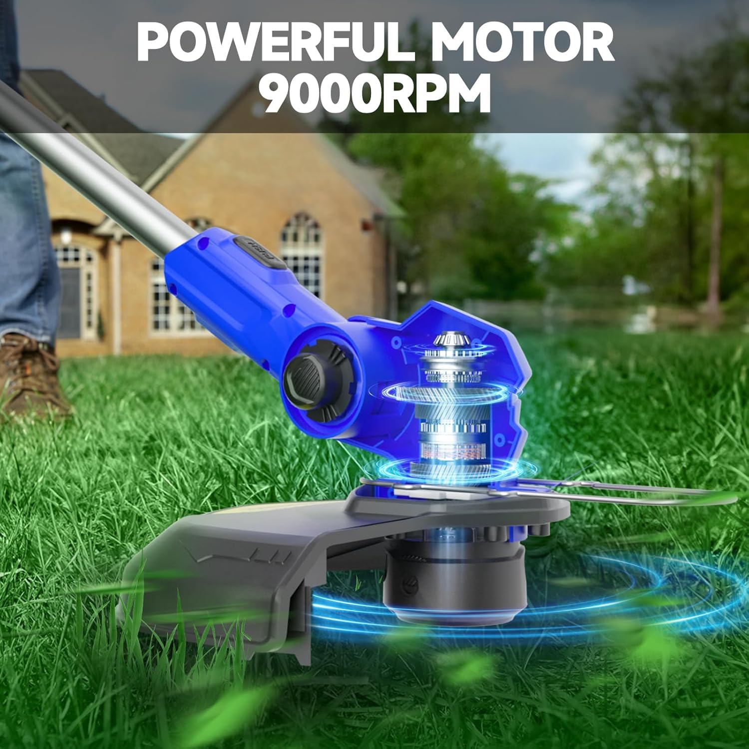 Desbrozadora inalámbrica de 20 V con 2 baterías de 2.0 Ah y cargador rápido, desbrozadora de césped ultraligera (1,9 kg), ancho de corte de 30 cm, 9000 RPM, alimentación automática de línea, incluye 2