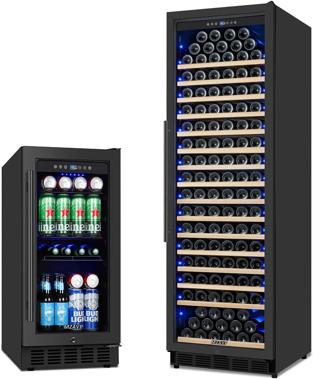130 Can Beverage Cooler & 200 Bottle Wine Fridge Combo, Built-In/Freestanding Refrigerator With Advanced Compressor & Low Noise - Black