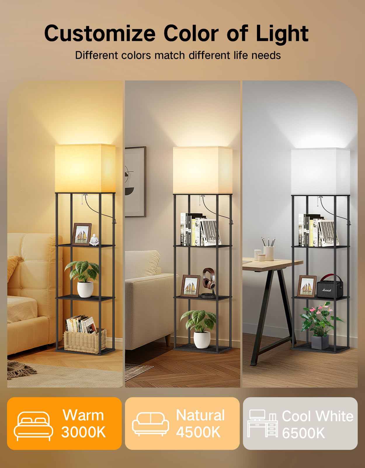 OUTON Lampada da terra con 3 ripiani, piantana design moderno con ripiano | in legno, libreria alta a 3 temperature di colore, LED lettura regolabile, Salotto, Camera, Ufficio (Nero)