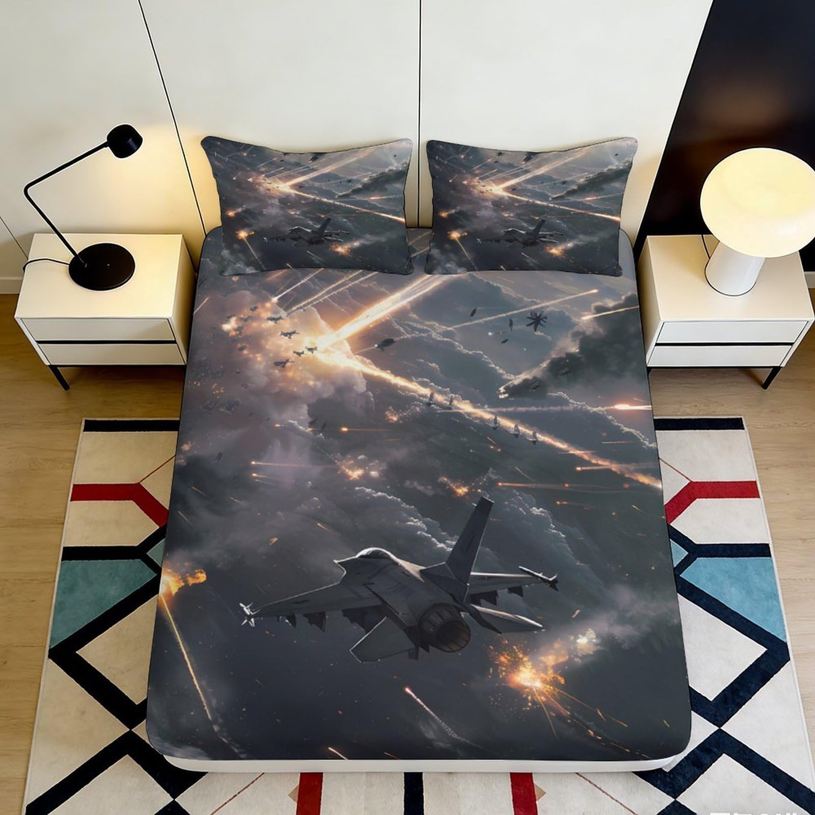 3D Printed Airplane Battle Fitted Sheet Microfiber Deep Pocket Non-Slip Bedroom Bedding Aircraft Mattress Fitted Cover Washable 200x200x25cm