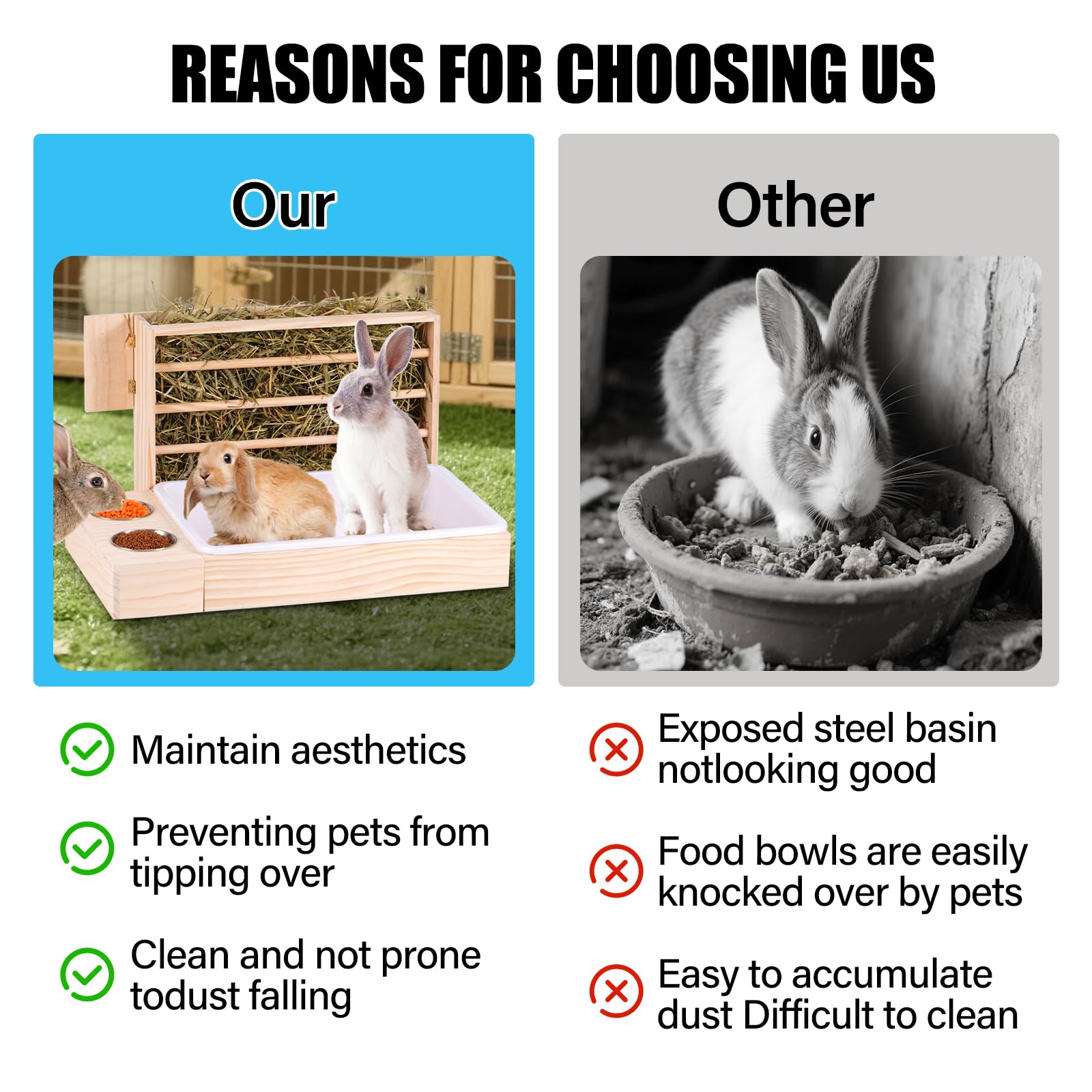 4 in 1 Großer Kaninchen Heu Feeder mit Katzentoilette Holz Futterautomat aus Holz mit 2 Näpfen Hase Toilette für Kaninchen Meerschweinchen Chinchilla Hase Andere Kleintiere